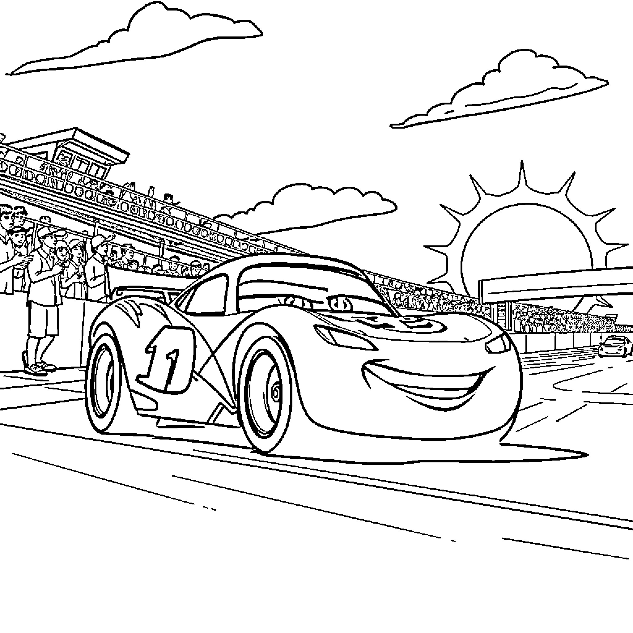 Flash McQueen racing on the track Coloring Page (free black-and-white line drawing printable PDF for all, from beginners to advanced learners, including children, teens, adults, and seniors)