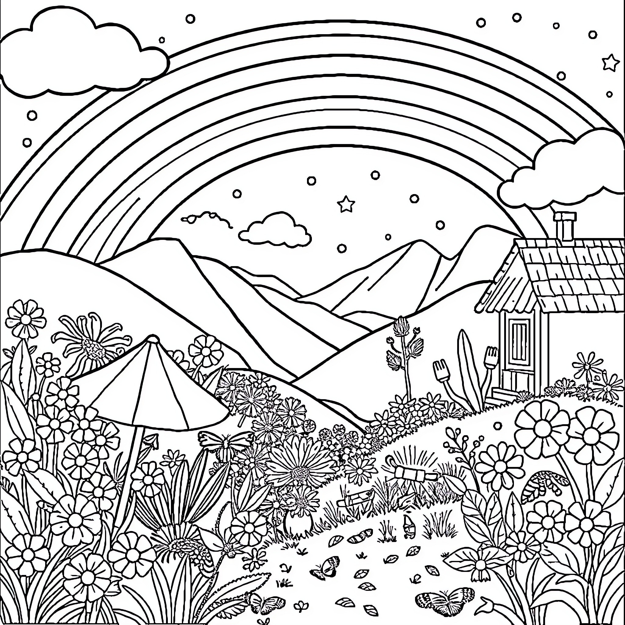 Vibrant landscape with rainbow, clouds, and flowers Coloring Page (free black-and-white line drawing printable PDF for all, from beginners to advanced learners, including children, teens, adults, and seniors)