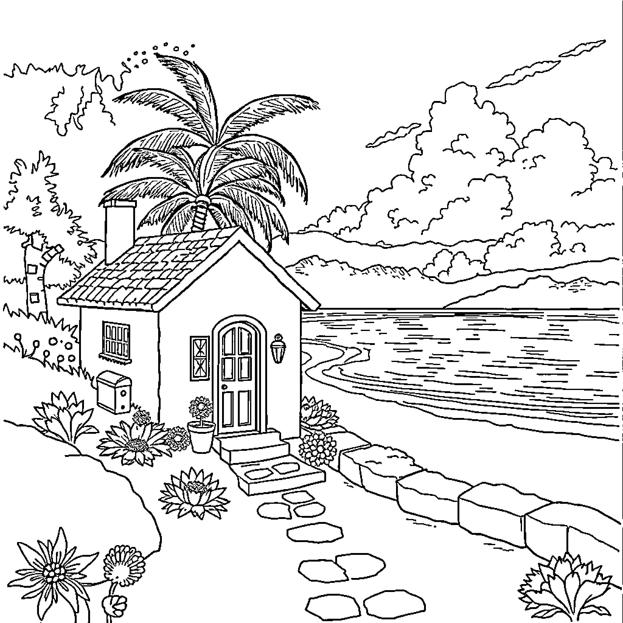 Casita by the beach with palm trees and flowers Coloring Page (free black-and-white line drawing printable PDF for all, from beginners to advanced learners, including children, teens, adults, and seniors)