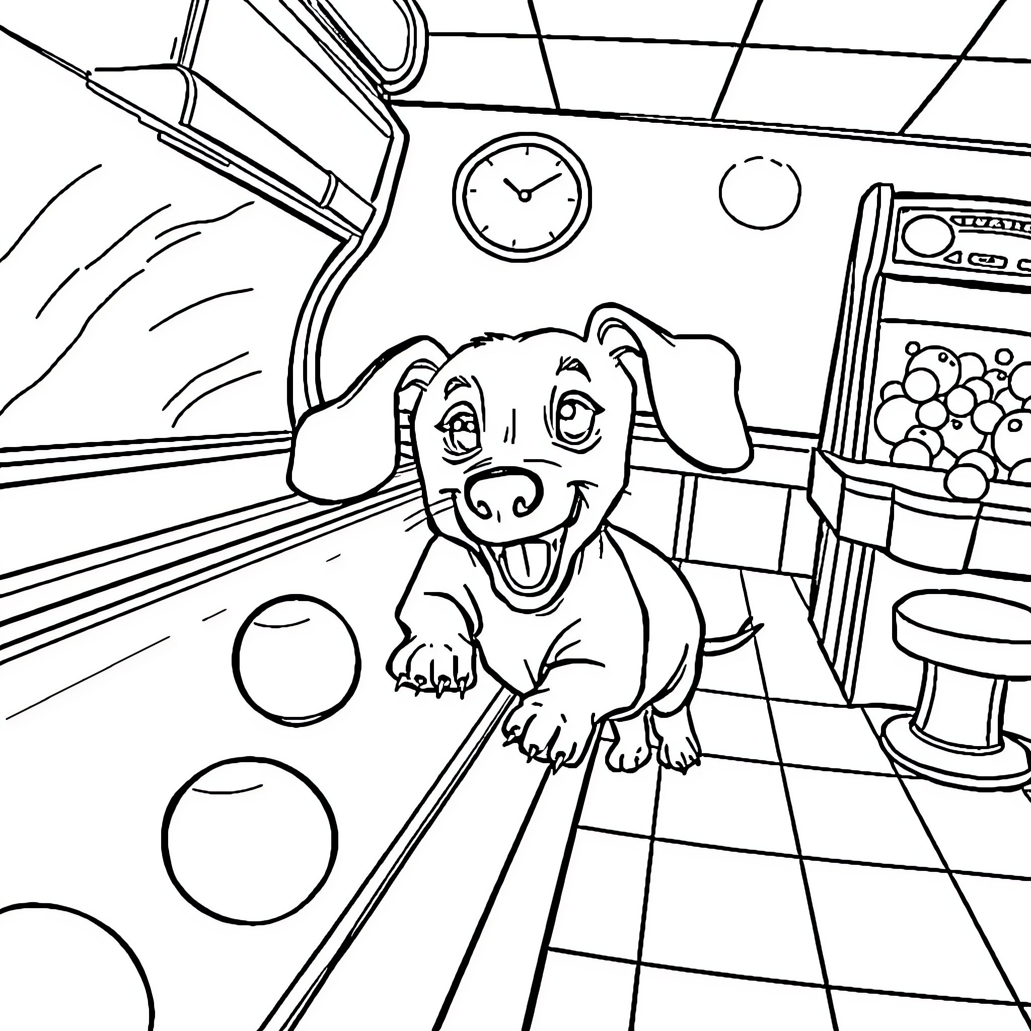 Dachshund having fun in a playful environment Coloring Page (free black-and-white line drawing printable PDF for all, from beginners to advanced learners, including children, teens, adults, and seniors)
