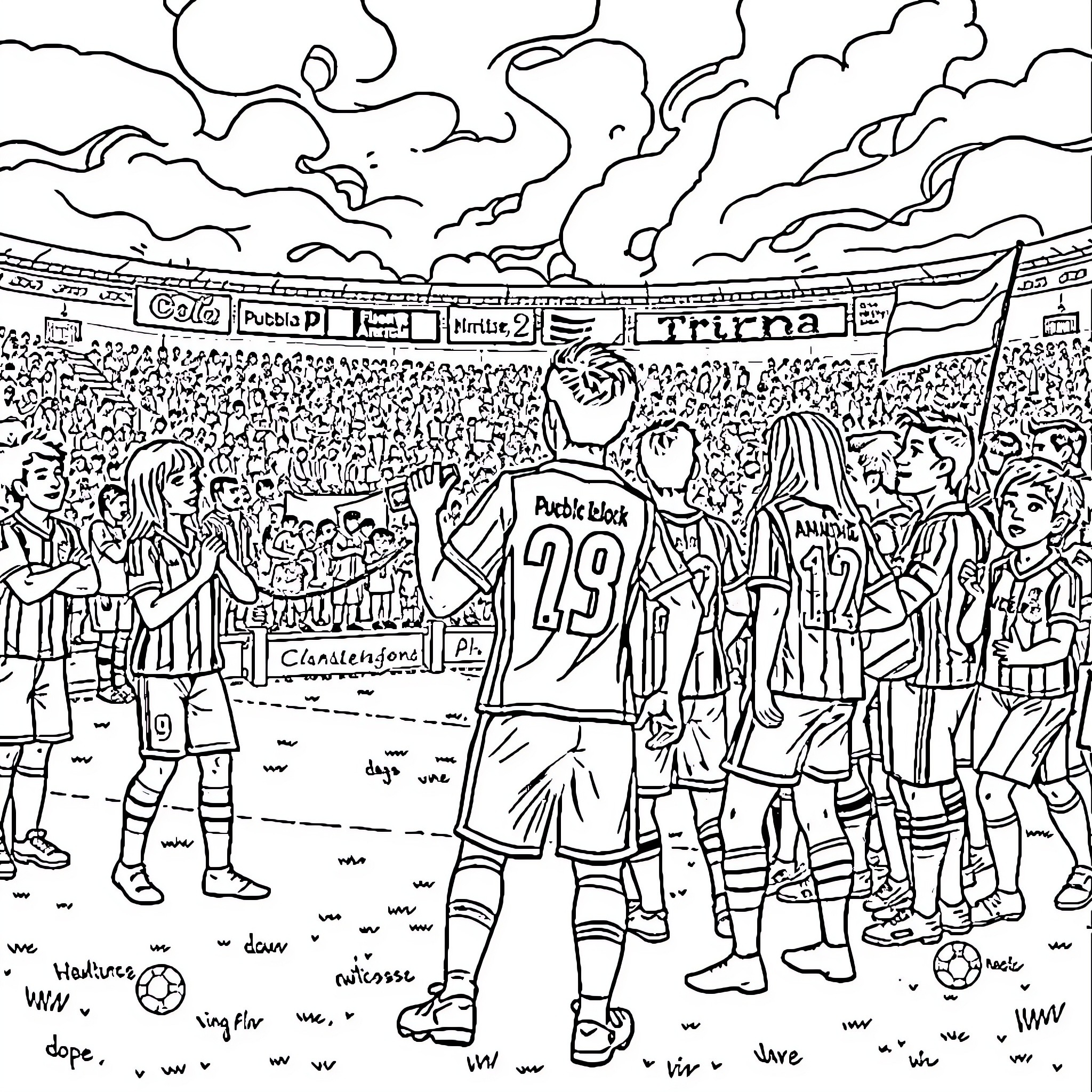 Futbol match with enthusiastic spectators Coloring Page (free black-and-white line drawing printable PDF for all, from beginners to advanced learners, including children, teens, adults, and seniors)