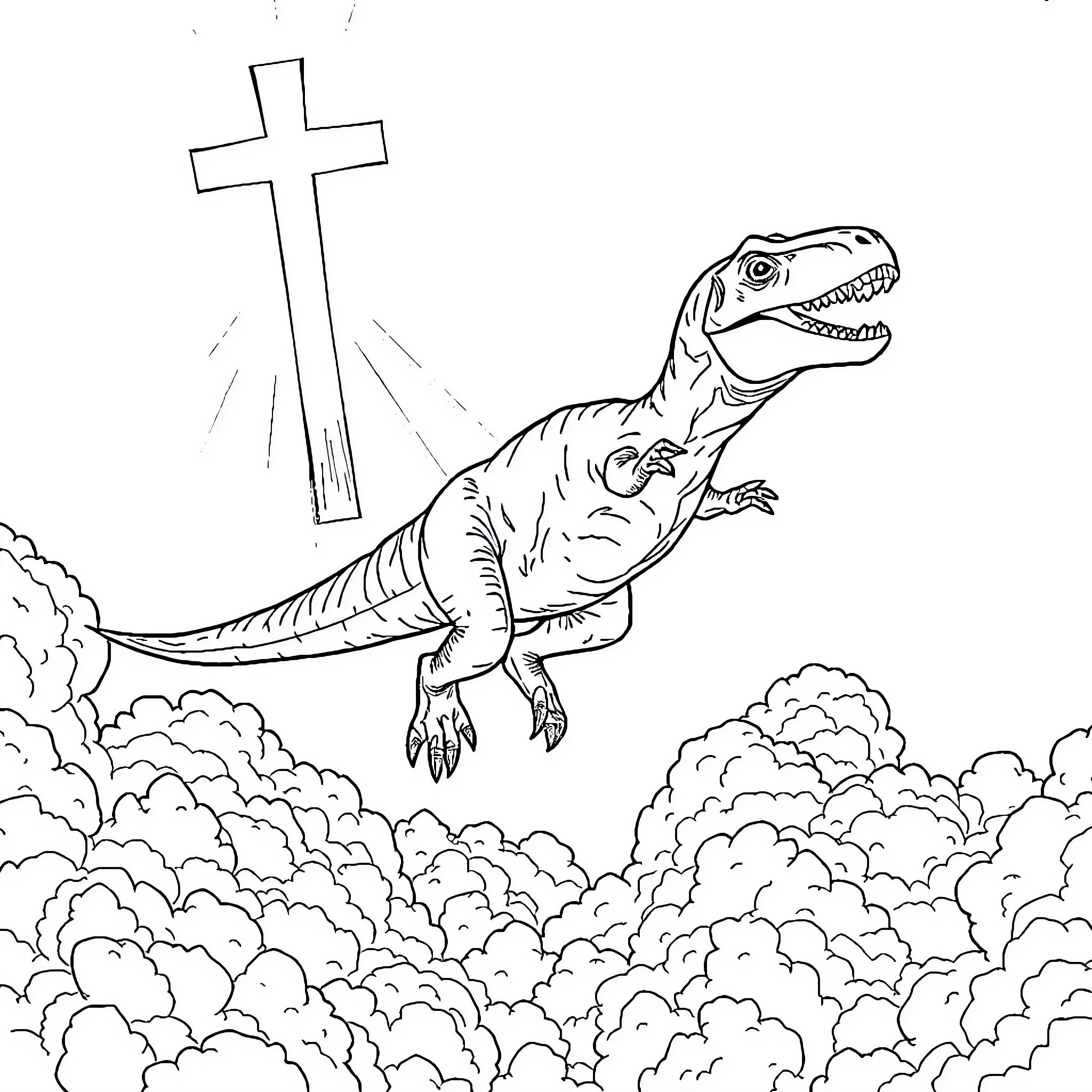 Velociraptor leaping towards a religious symbol Coloring Page (free black-and-white line drawing printable PDF for all, from beginners to advanced learners, including children, teens, adults, and seniors)