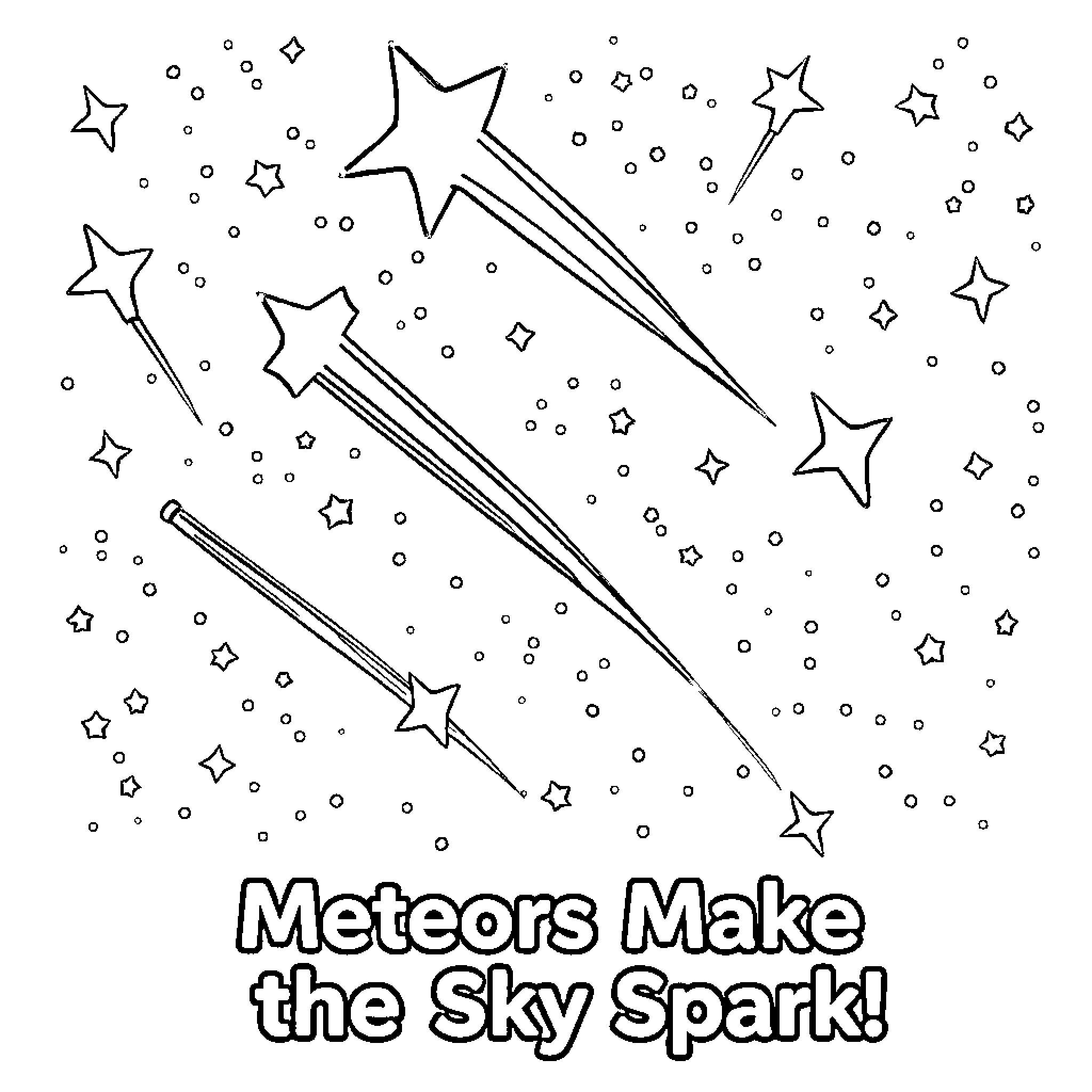 Meteor Shower Lights Up the Night Sky Coloring Page (free black-and-white line drawing printable PDF for all, from beginners to advanced learners, including children, teens, adults, and seniors)