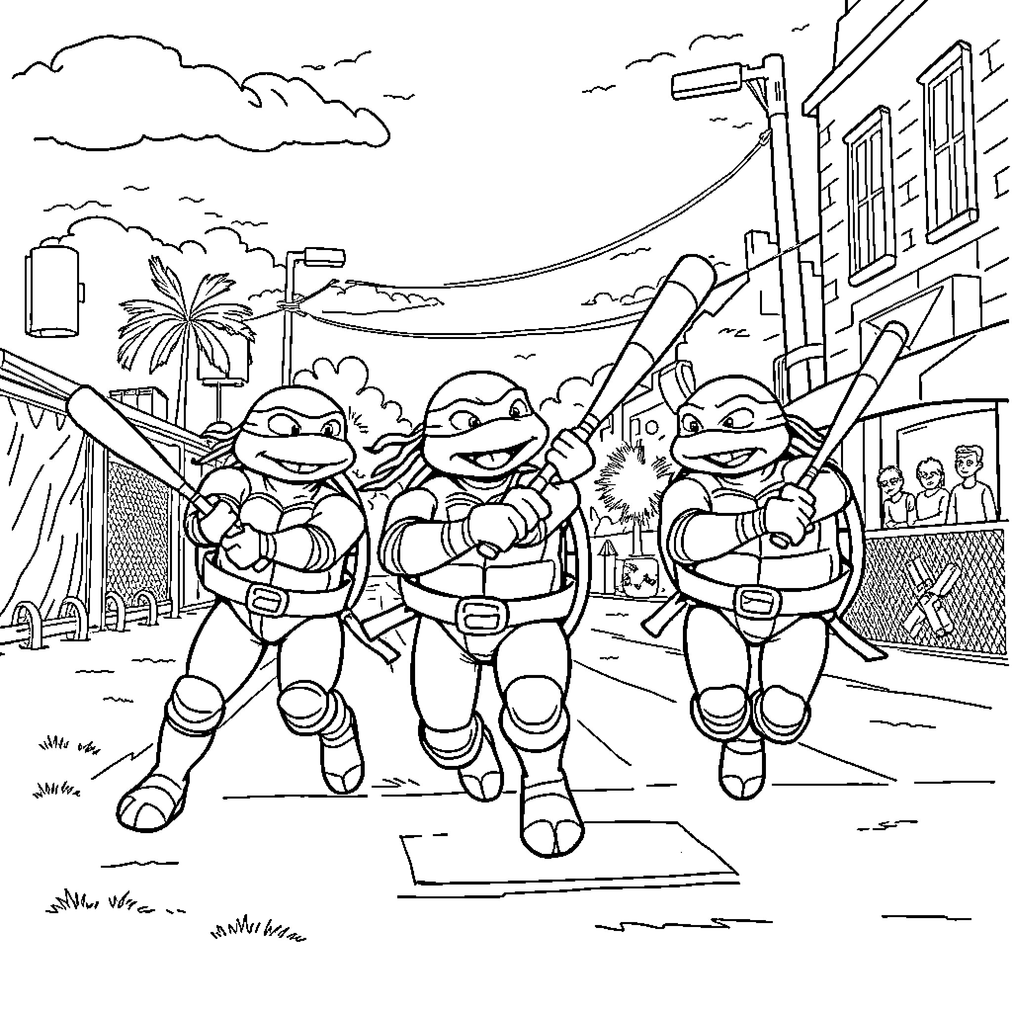 Ninja Turtle teammates explore the city streets Coloring Page (free black-and-white line drawing printable PDF for all, from beginners to advanced learners, including children, teens, adults, and seniors)