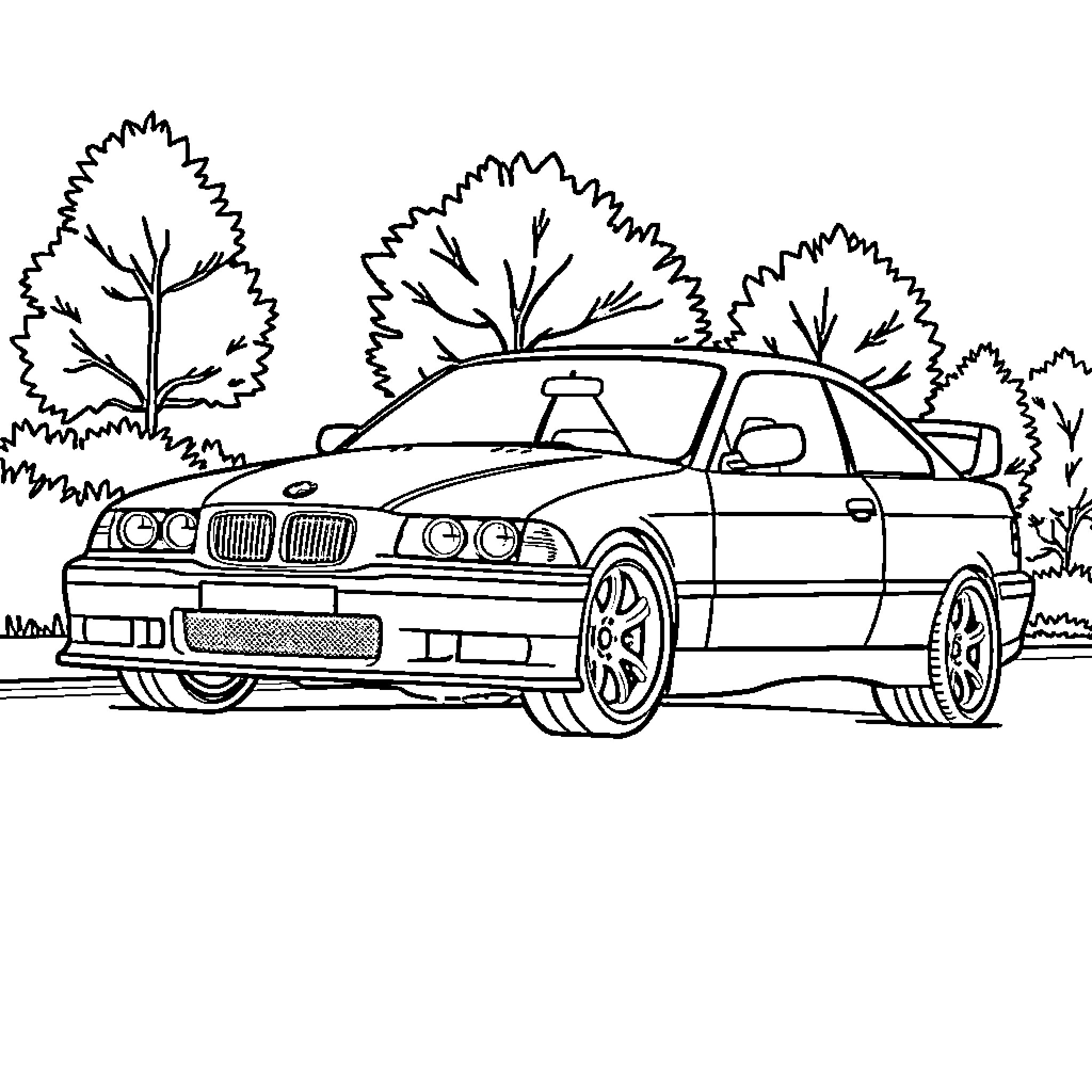E36 M3 racing on a forested track Coloring Page (free black-and-white line drawing printable PDF for all, from beginners to advanced learners, including children, teens, adults, and seniors)