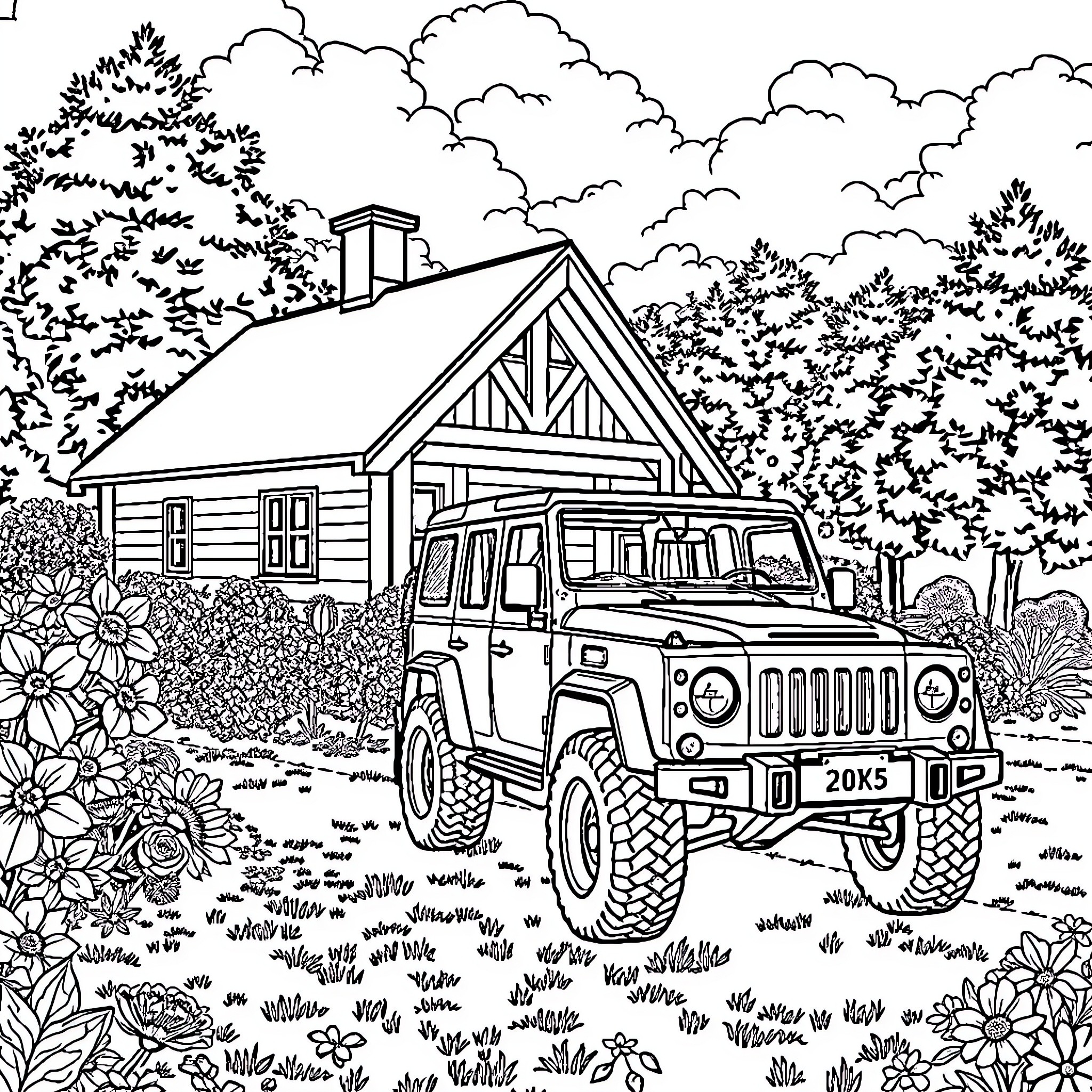 Chapiteau of an off-road vehicle in a scenic rural landscape Coloring Page (free black-and-white line drawing printable PDF for all, from beginners to advanced learners, including children, teens, adults, and seniors)