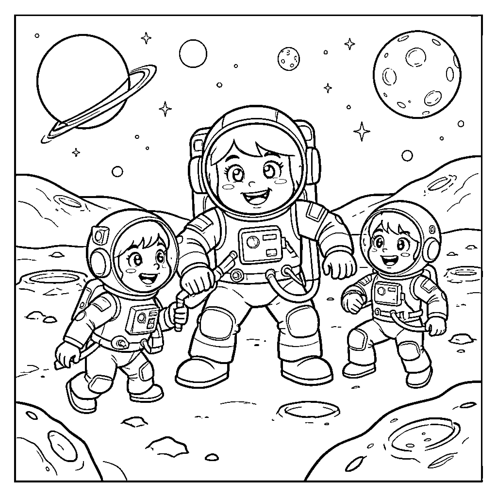 Patrouille d'astronautes joyeux explorant la surface lunaire Coloring Page (free black-and-white line drawing printable PDF for all, from beginners to advanced learners, including children, teens, adults, and seniors)