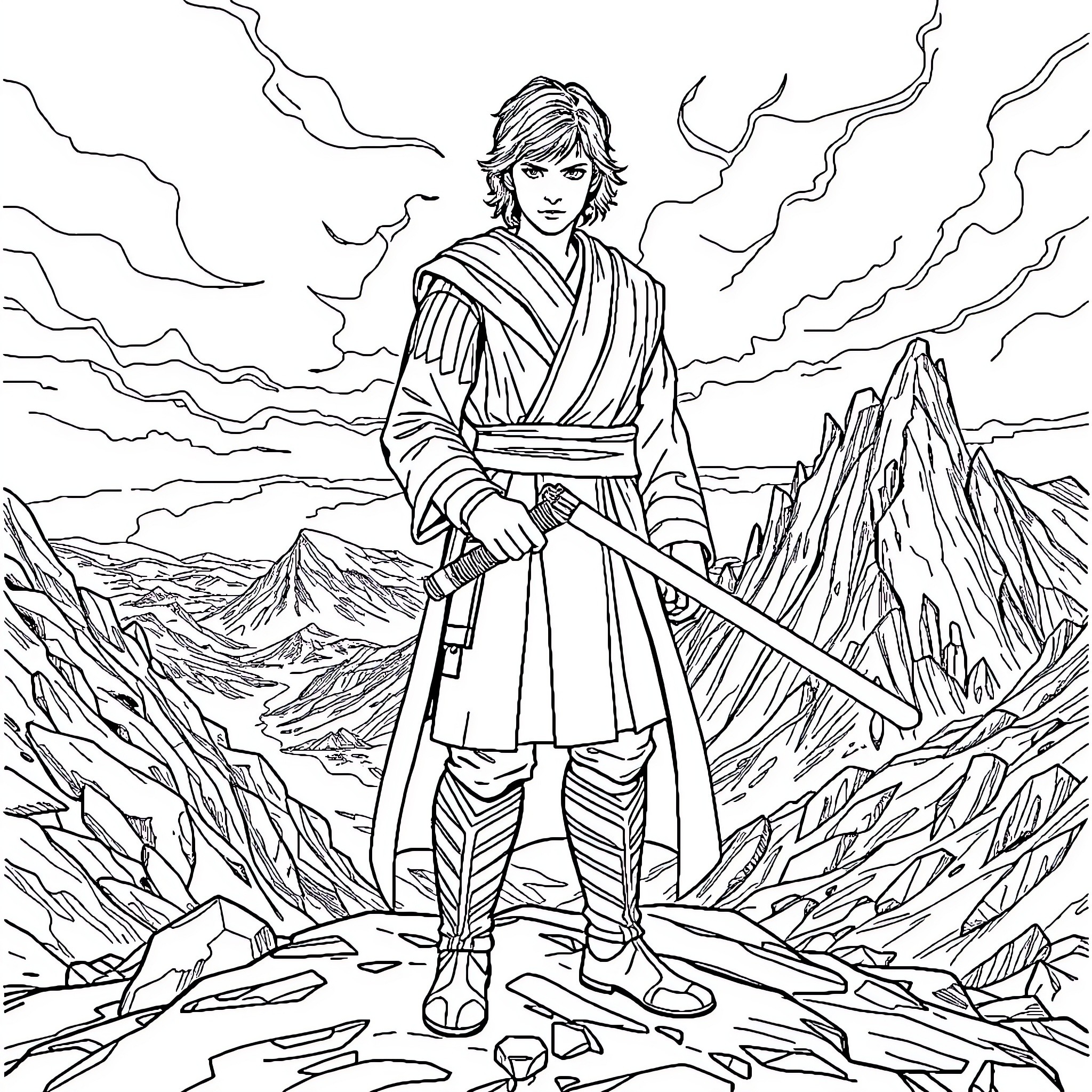 Anakin's Courageous Stand in the Mountainous Realm Coloring Page (free black-and-white line drawing printable PDF for all, from beginners to advanced learners, including children, teens, adults, and seniors)