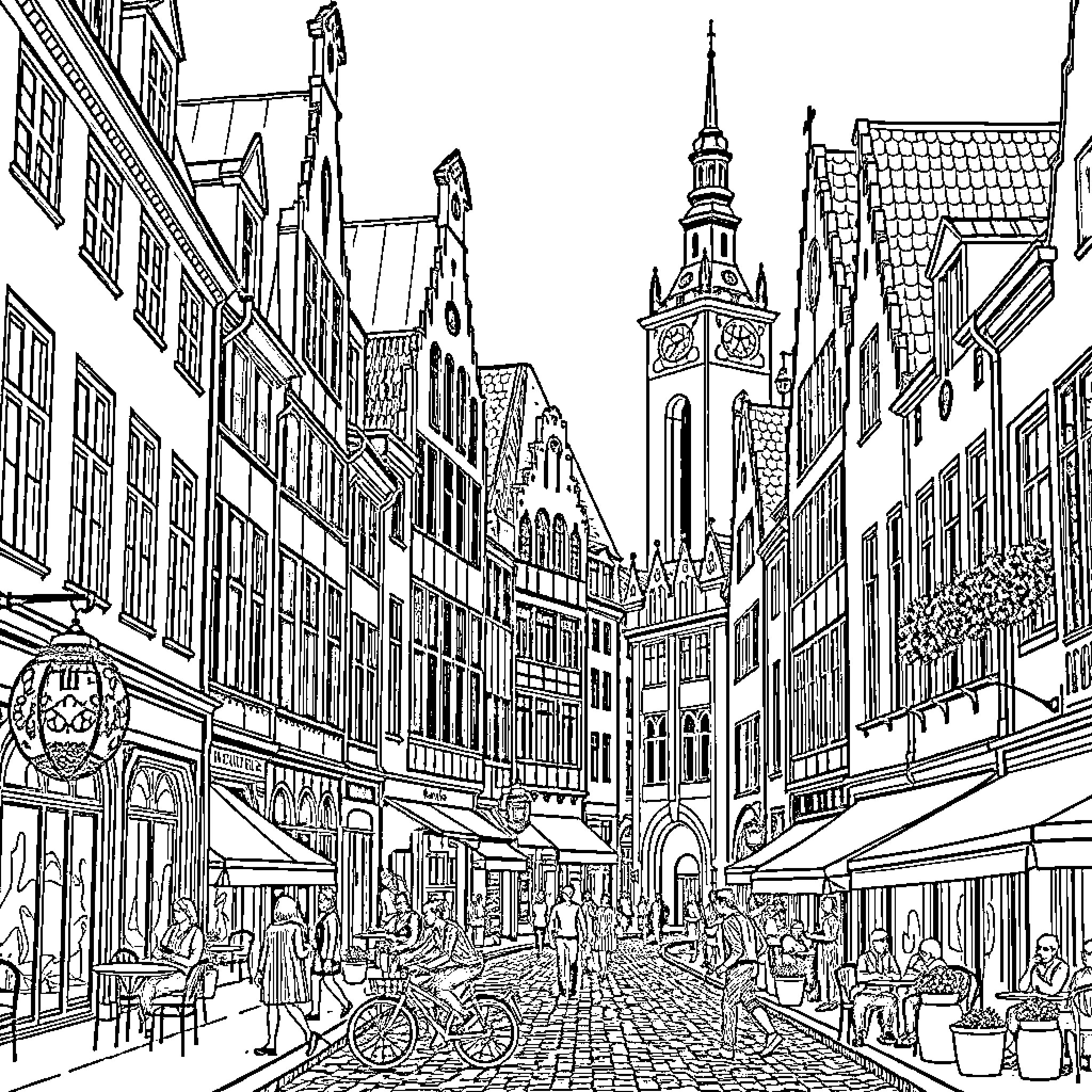 Kortrijk: Historic City Streets with Bustling Activities Coloring Page (free black-and-white line drawing printable PDF for all, from beginners to advanced learners, including children, teens, adults, and seniors)