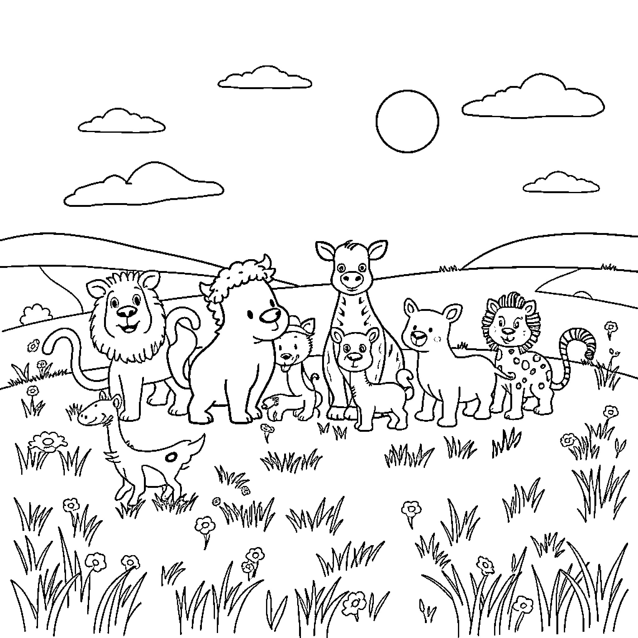 Animal friends playing together in a serene landscape Coloring Page (free black-and-white line drawing printable PDF for all, from beginners to advanced learners, including children, teens, adults, and seniors)