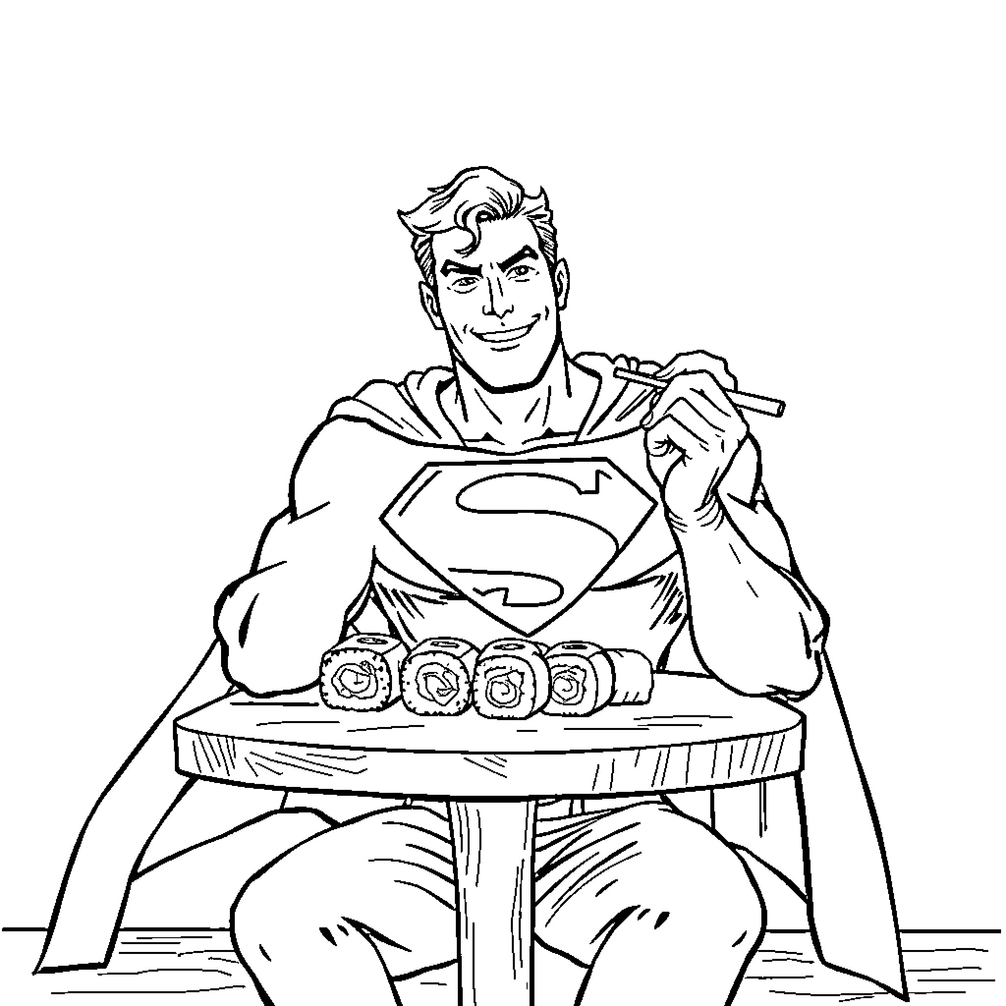Superman enjoying a tasty meal Coloring Page (free black-and-white line drawing printable PDF for all, from beginners to advanced learners, including children, teens, adults, and seniors)