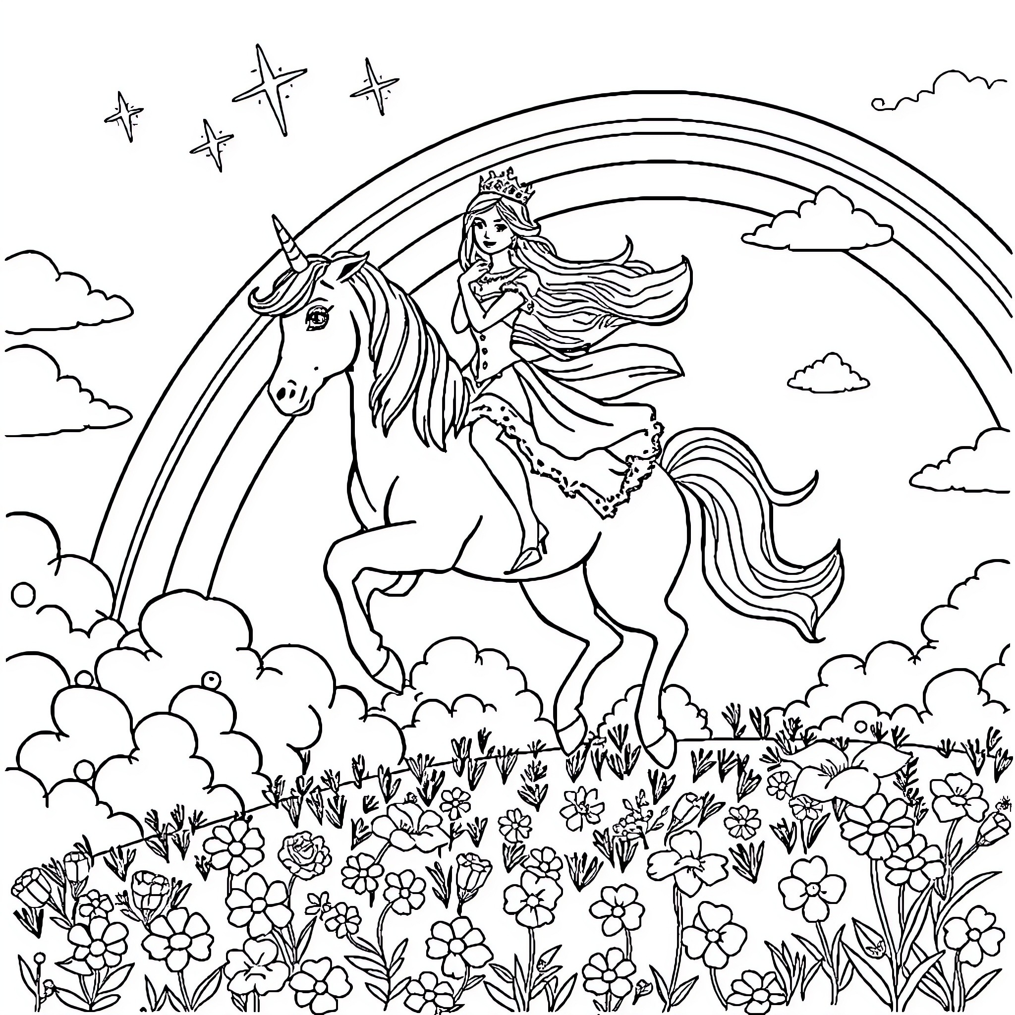 Princess riding a horse through a magical meadow Coloring Page (free black-and-white line drawing printable PDF for all, from beginners to advanced learners, including children, teens, adults, and seniors)