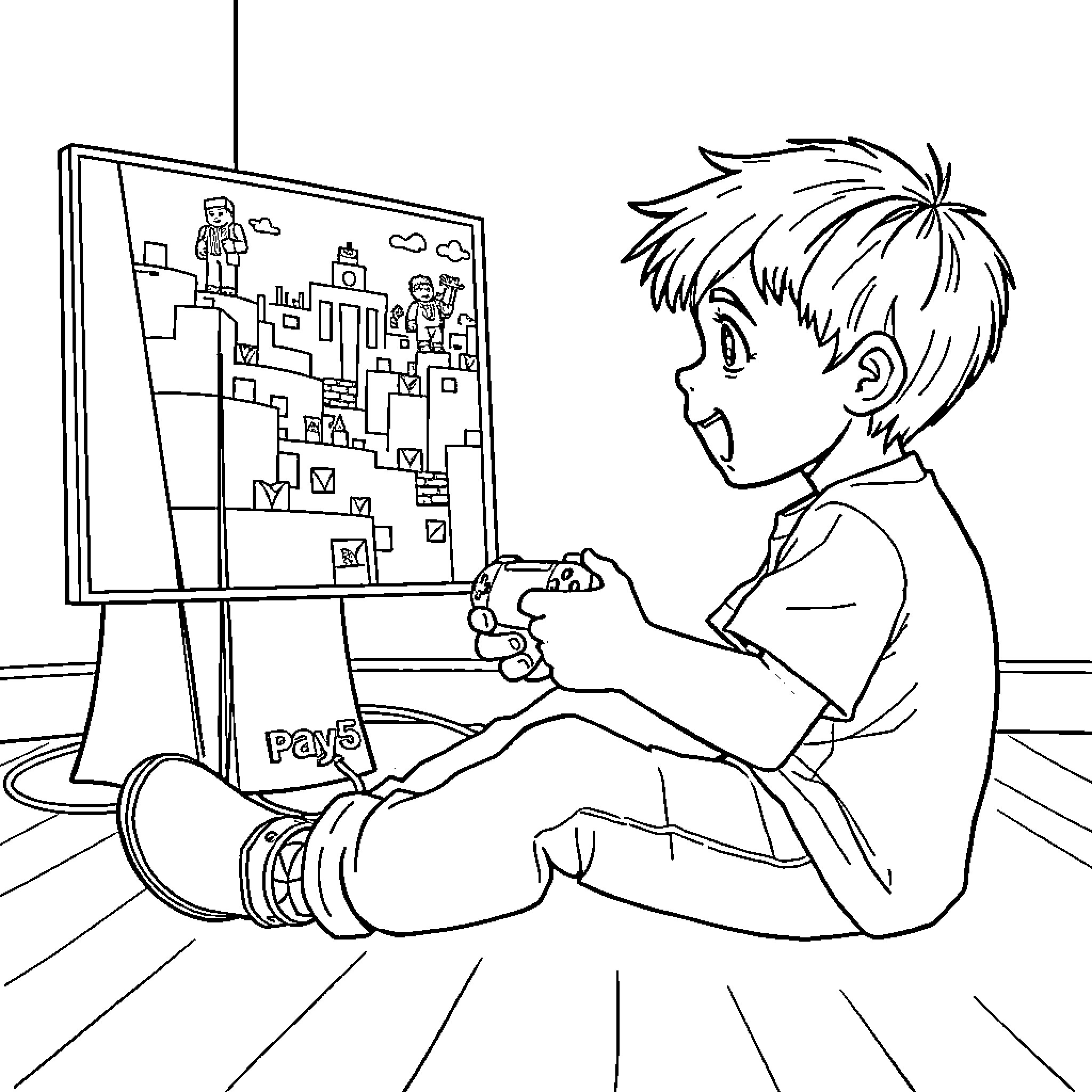 Boy playing video game on screen in room Coloring Page (free black-and-white line drawing printable PDF for all, from beginners to advanced learners, including children, teens, adults, and seniors)