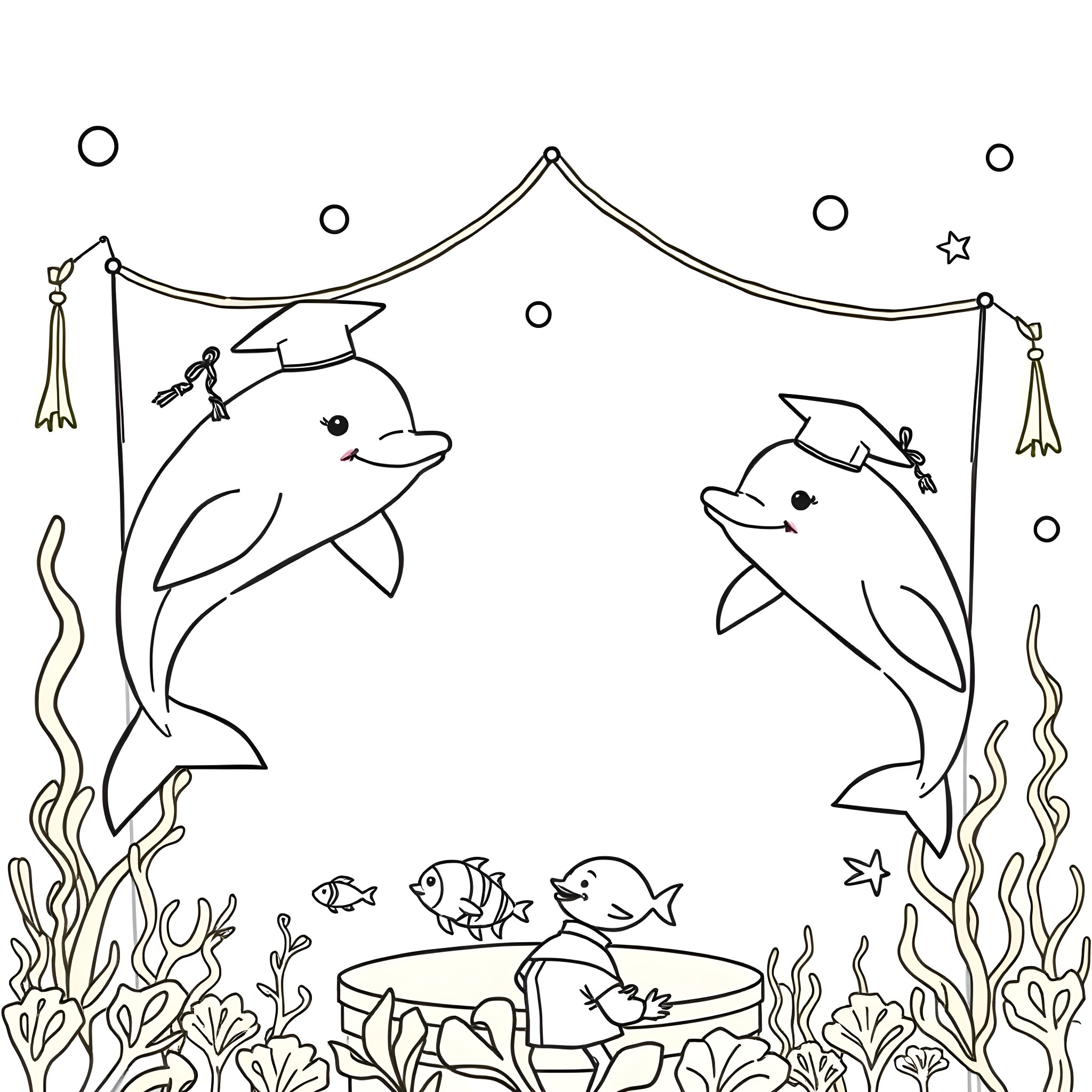Dolphin friends swimming under the ocean Coloring Page (free black-and-white line drawing printable PDF for all, from beginners to advanced learners, including children, teens, adults, and seniors)