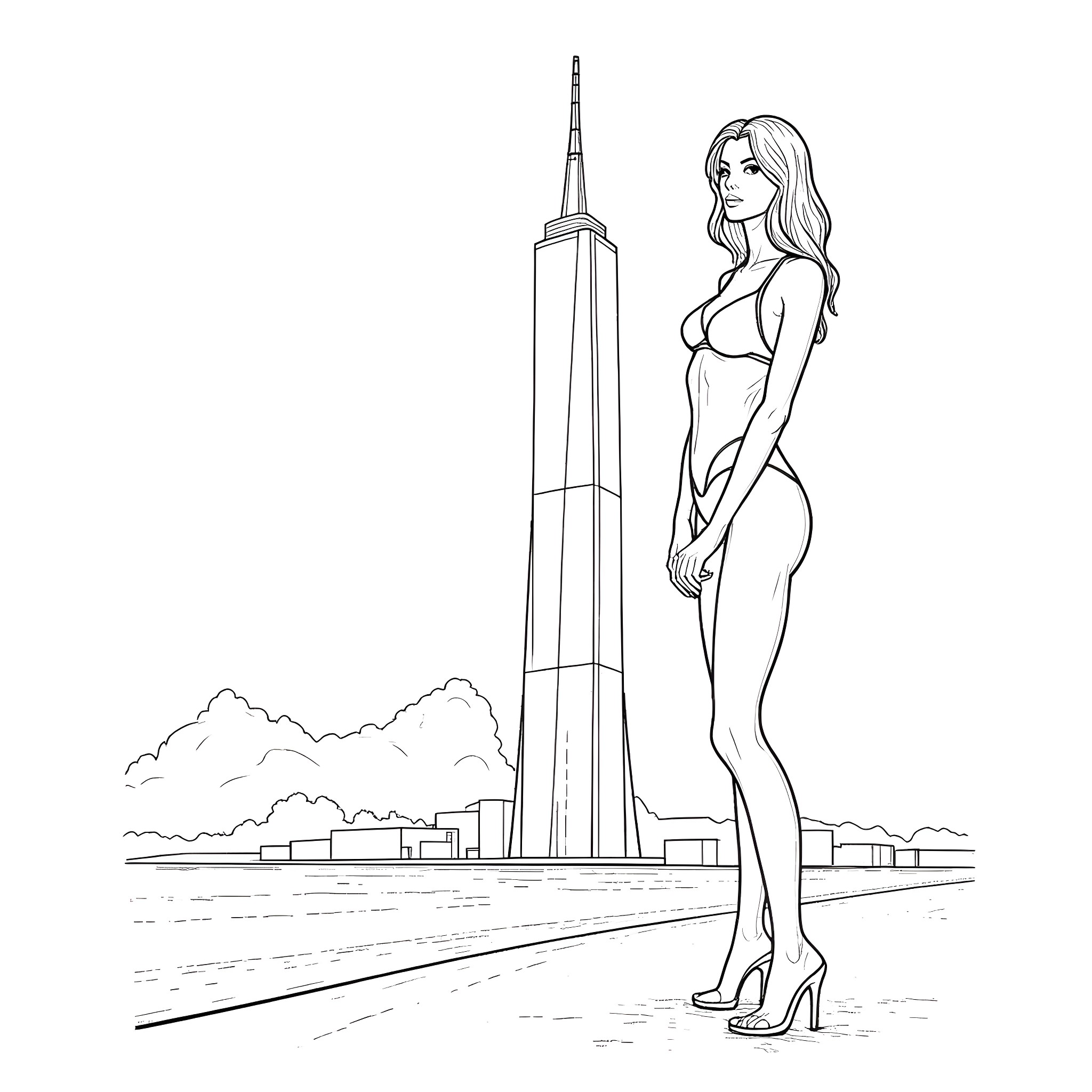 Woman standing in front of a tall building Coloring Page (free black-and-white line drawing printable PDF for all, from beginners to advanced learners, including children, teens, adults, and seniors)