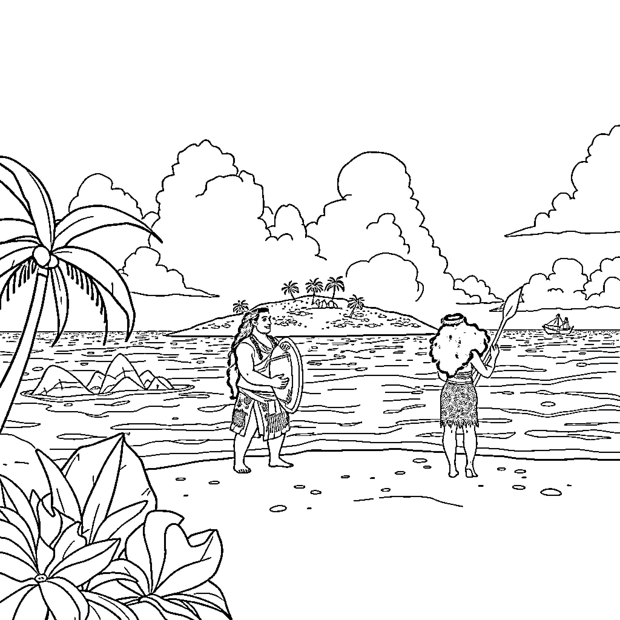 Moana exploring the tropical island with Maui Coloring Page (free black-and-white line drawing printable PDF for all, from beginners to advanced learners, including children, teens, adults, and seniors)
