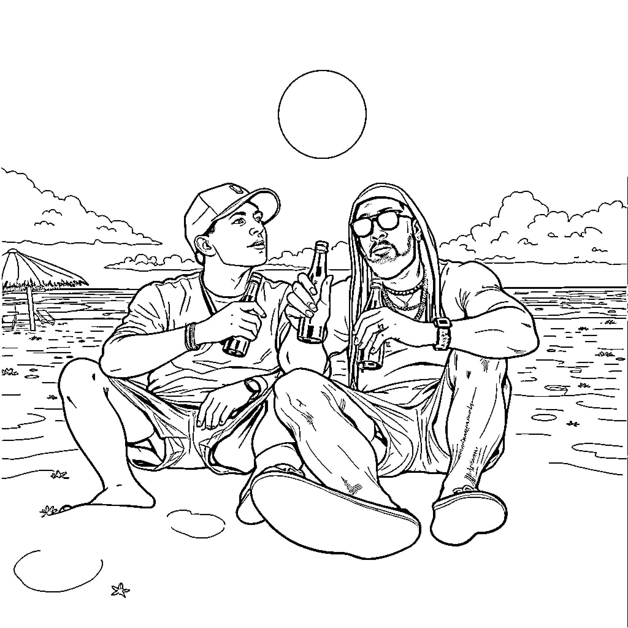 Eminem Relaxing with a Friend on the Beach Coloring Page (free black-and-white line drawing printable PDF for all, from beginners to advanced learners, including children, teens, adults, and seniors)