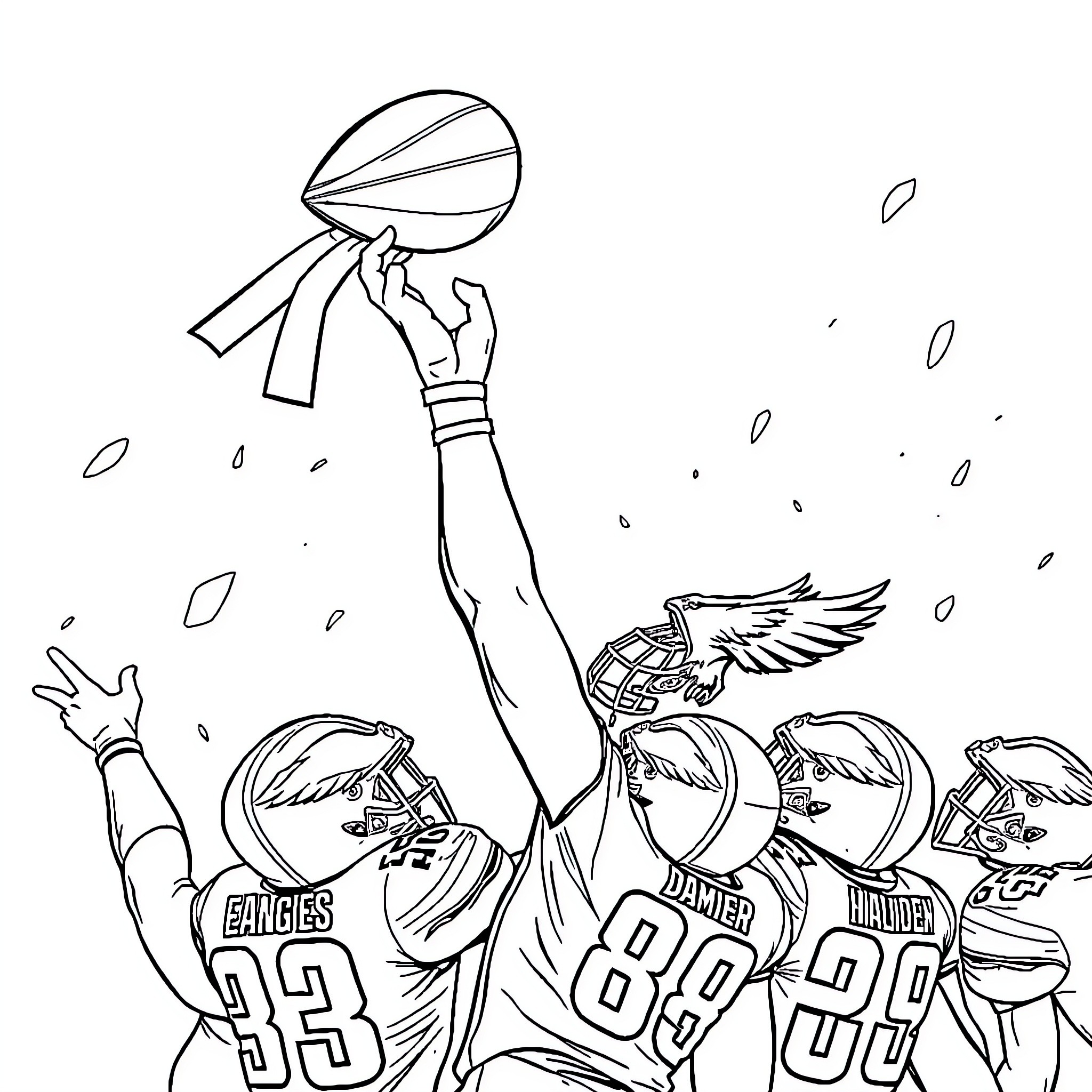 Eagle players celebrating a touchdown Coloring Page (free black-and-white line drawing printable PDF for all, from beginners to advanced learners, including children, teens, adults, and seniors)