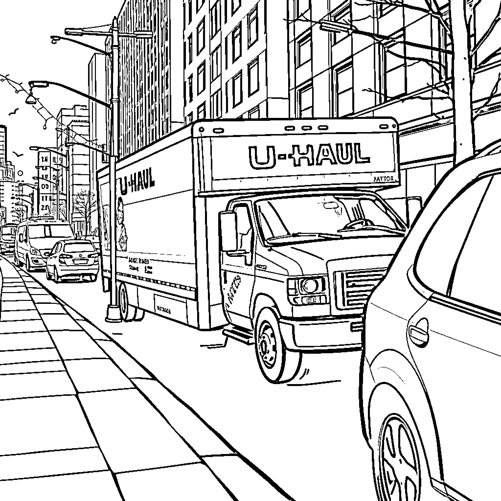 Uhaul Truck on busy city street Coloring Page (free black-and-white line drawing printable PDF for all, from beginners to advanced learners, including children, teens, adults, and seniors)