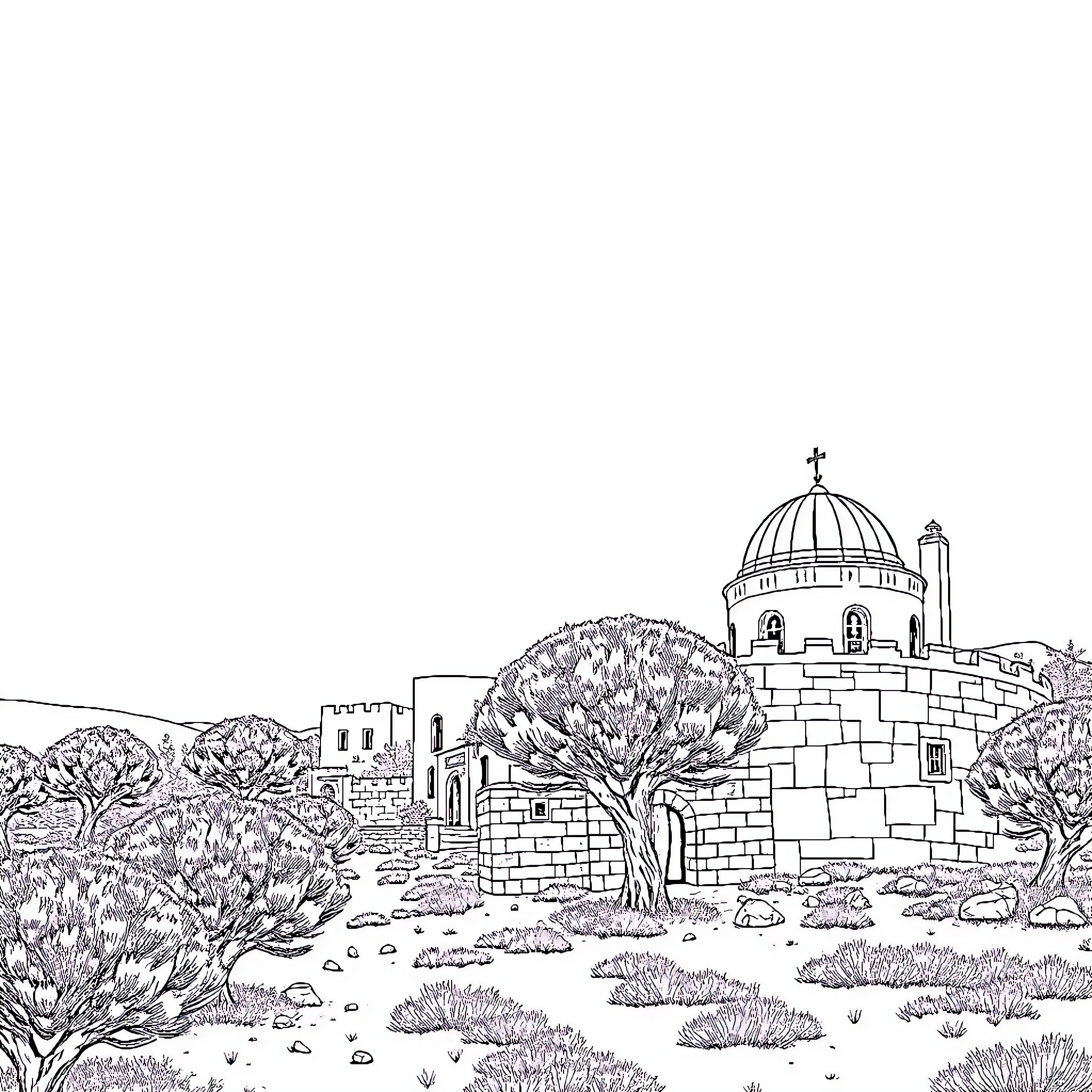 Palestine scenic landscape with architectural landmark Coloring Page (free black-and-white line drawing printable PDF for all, from beginners to advanced learners, including children, teens, adults, and seniors)