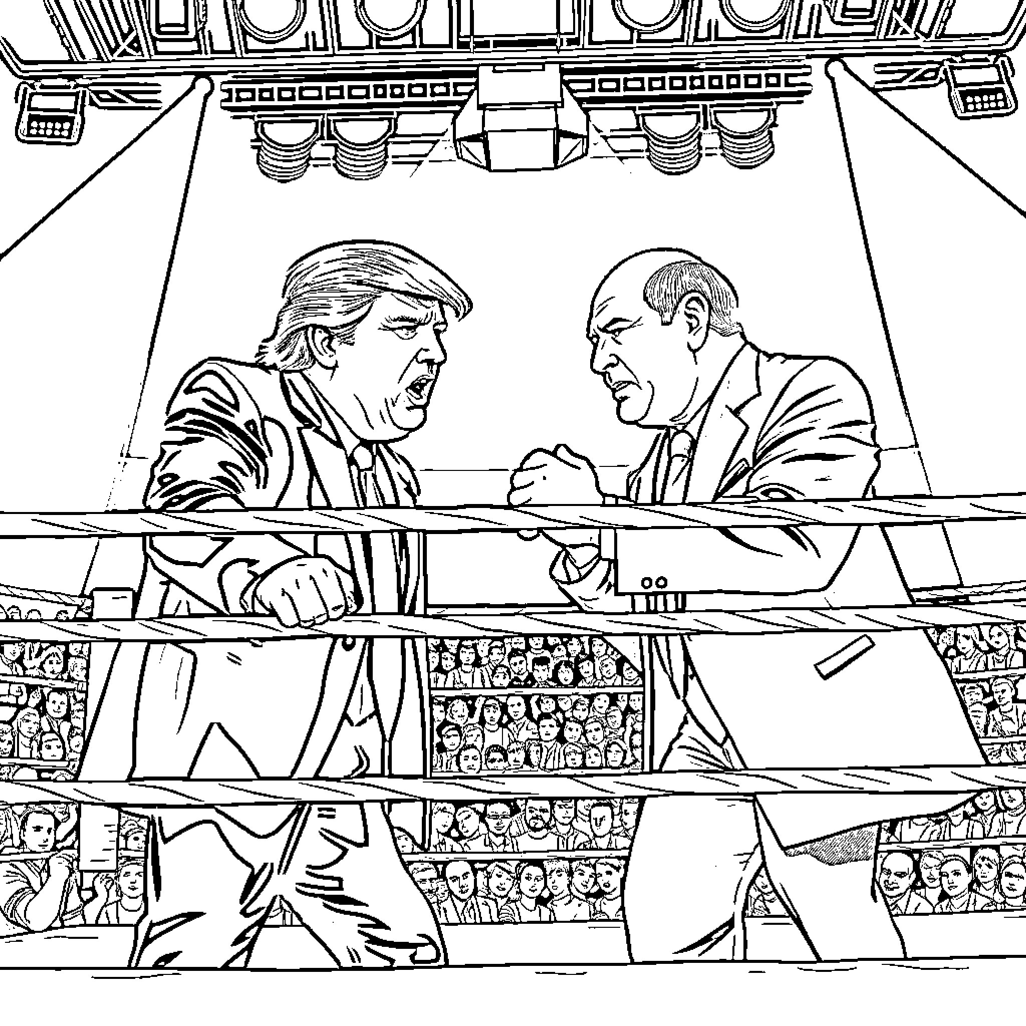 Donald Trump and Joe Biden Facing Off in a Political Debate Coloring Page (free black-and-white line drawing printable PDF for all, from beginners to advanced learners, including children, teens, adults, and seniors)