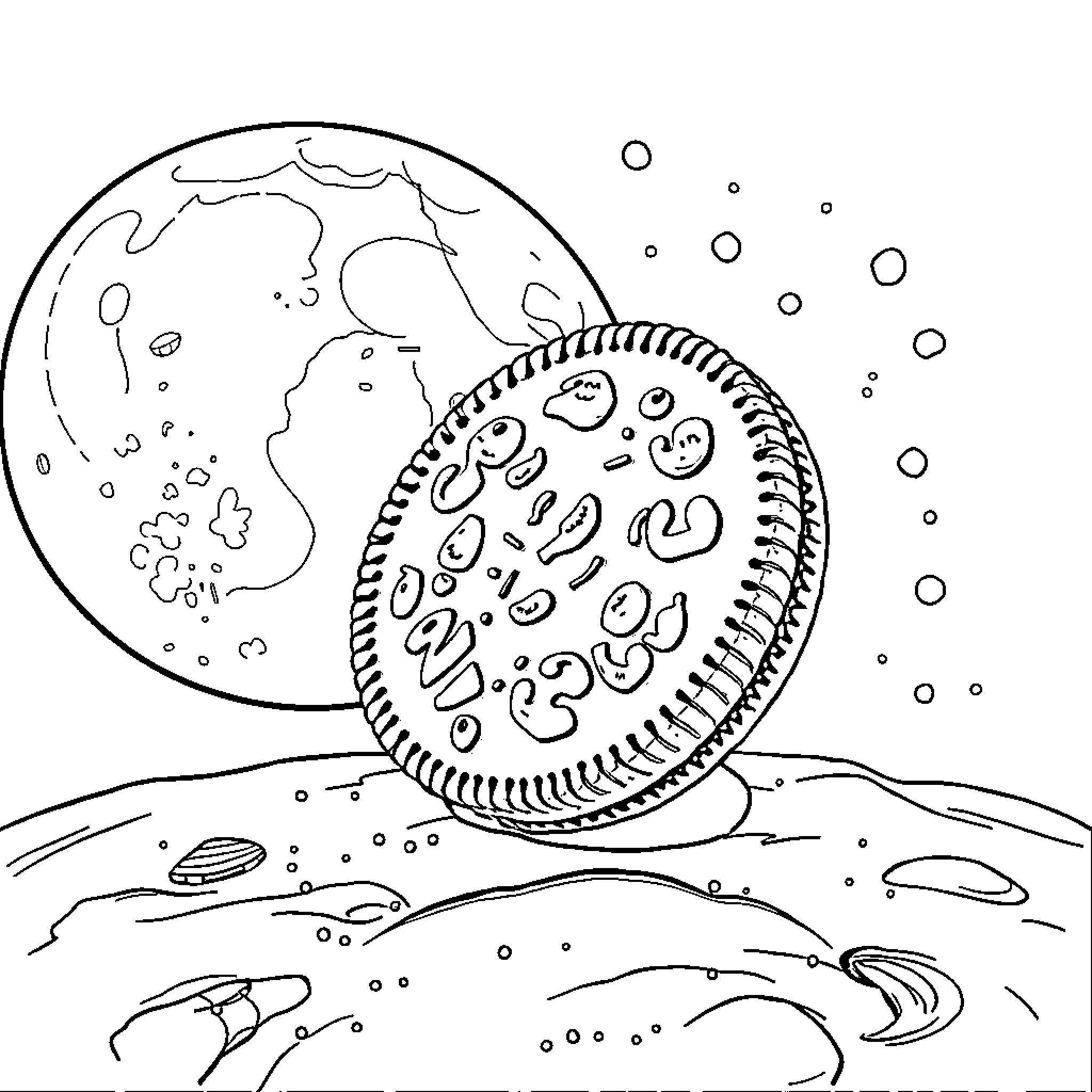 Oreo cookie exploring the cosmic landscape Coloring Page (free black-and-white line drawing printable PDF for all, from beginners to advanced learners, including children, teens, adults, and seniors)