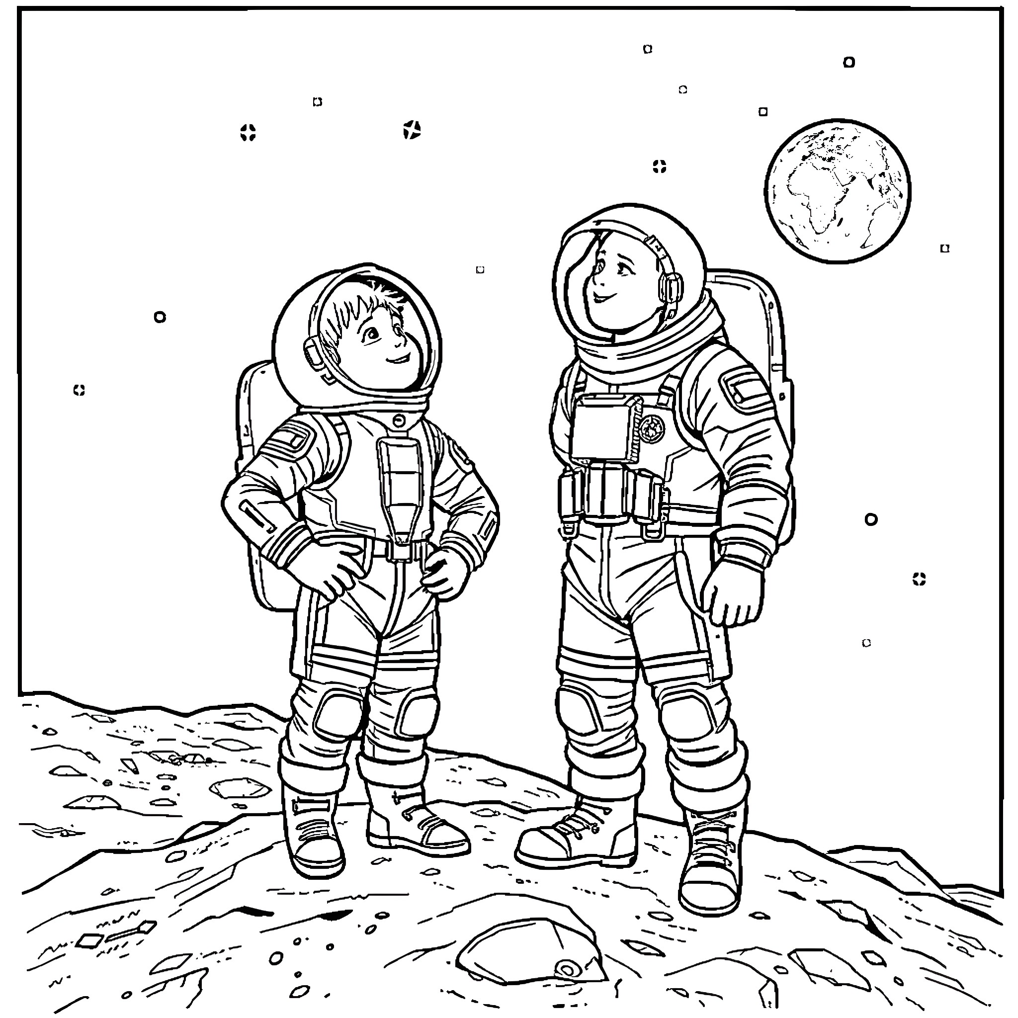 Boy astronauts exploring the lunar surface Coloring Page (free black-and-white line drawing printable PDF for all, from beginners to advanced learners, including children, teens, adults, and seniors)