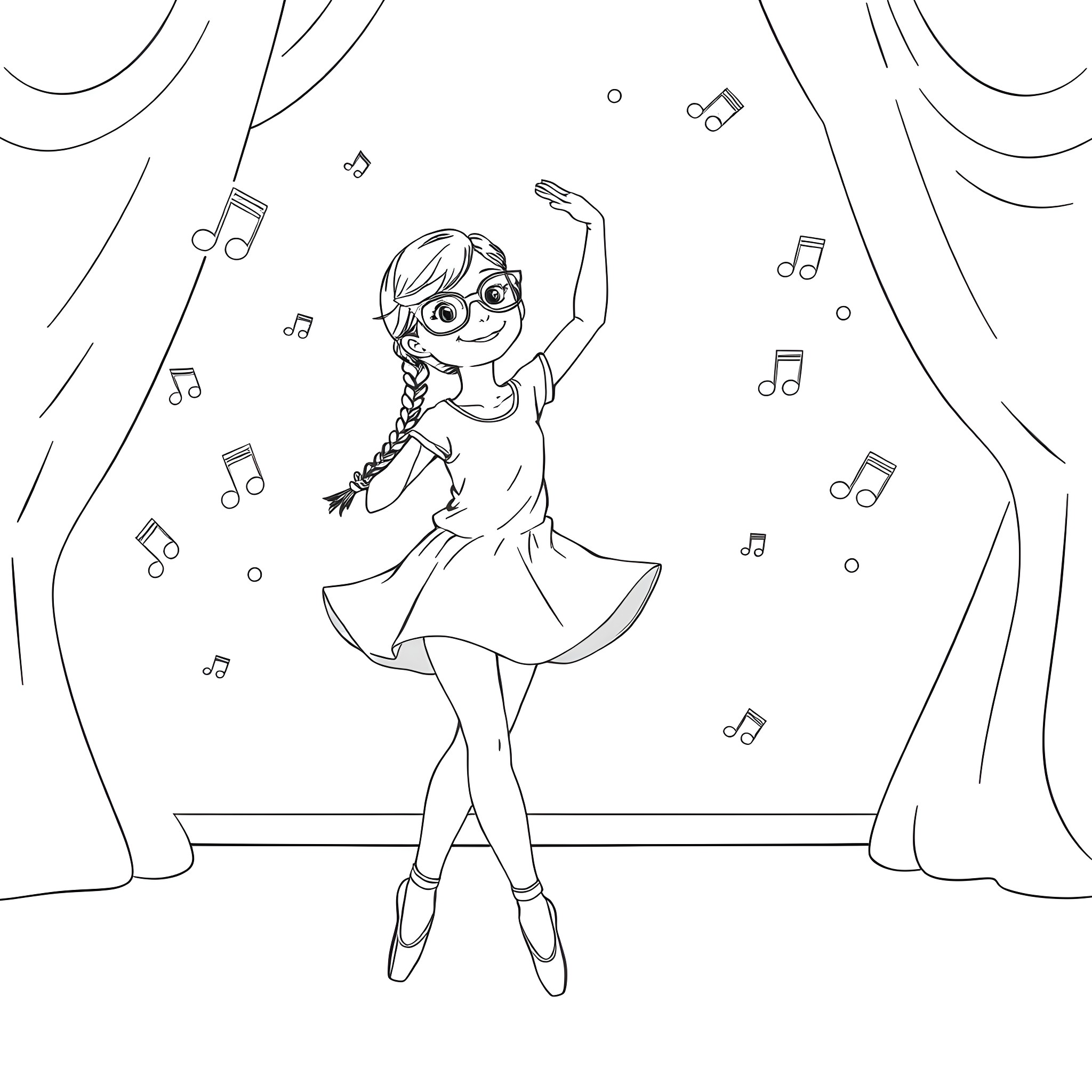 Girl dancing joyfully on stage Coloring Page (free black-and-white line drawing printable PDF for all, from beginners to advanced learners, including children, teens, adults, and seniors)