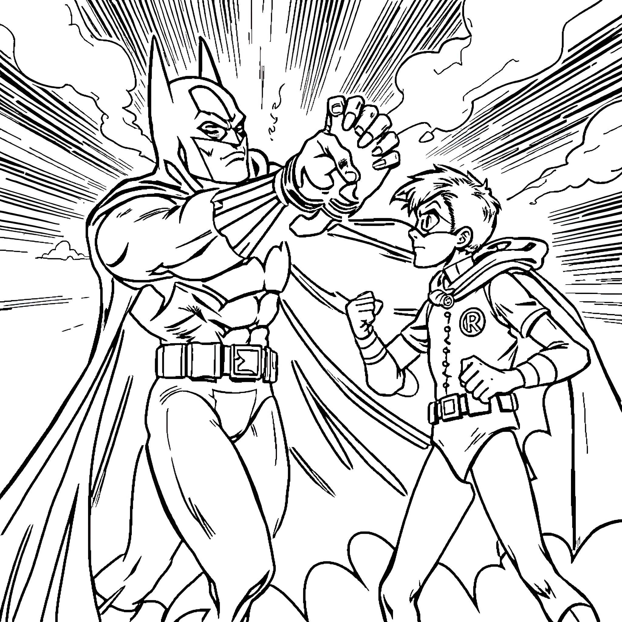 Batman and Robin in Action-Packed Showdown Coloring Page (free black-and-white line drawing printable PDF for all, from beginners to advanced learners, including children, teens, adults, and seniors)