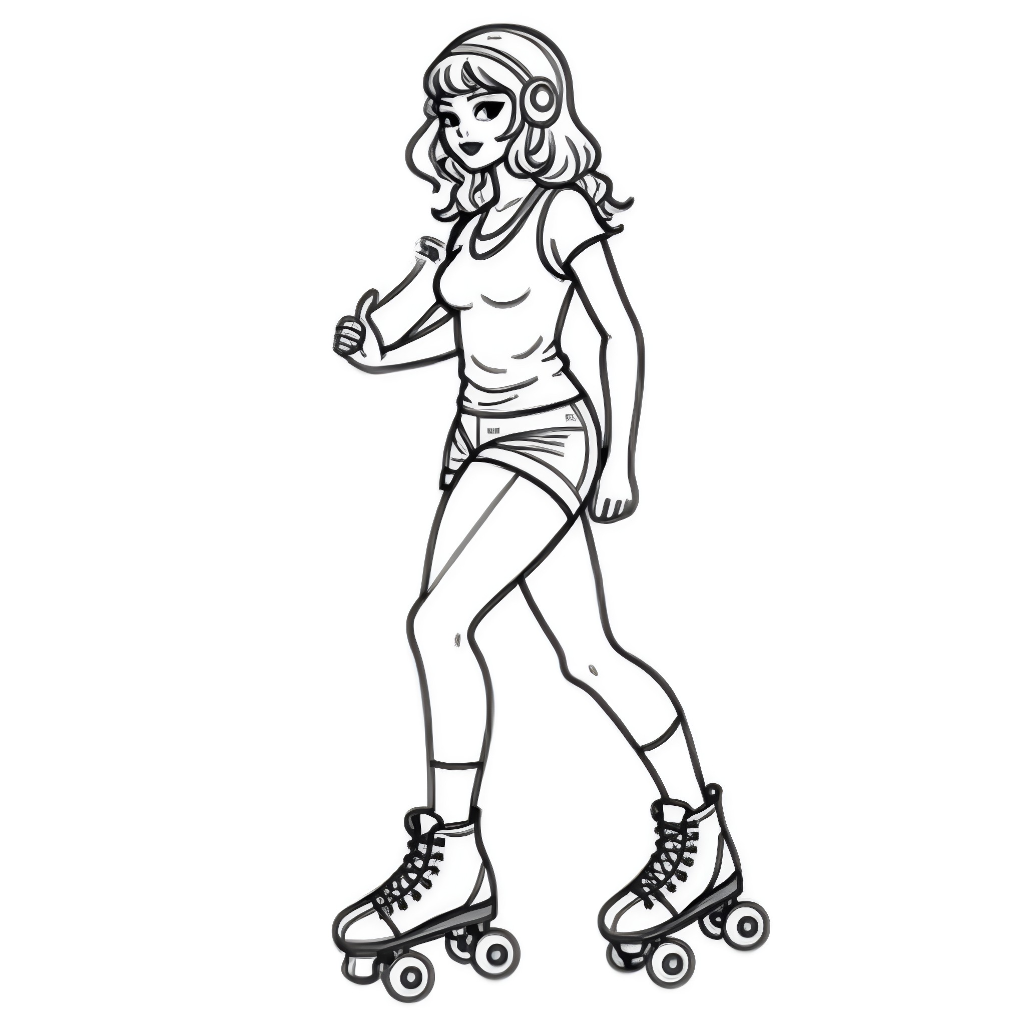 Rollerskate Girl in Lively Motion Coloring Page (free black-and-white line drawing printable PDF for all, from beginners to advanced learners, including children, teens, adults, and seniors)