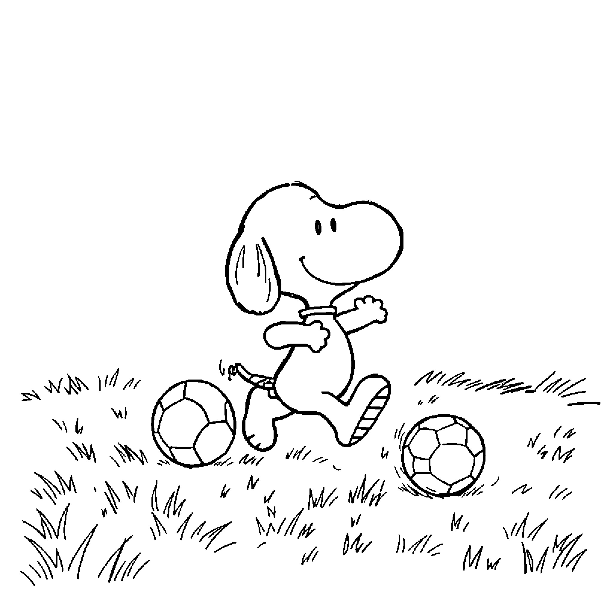 Snoopy playing with soccer balls on the field Coloring Page (free black-and-white line drawing printable PDF for all, from beginners to advanced learners, including children, teens, adults, and seniors)