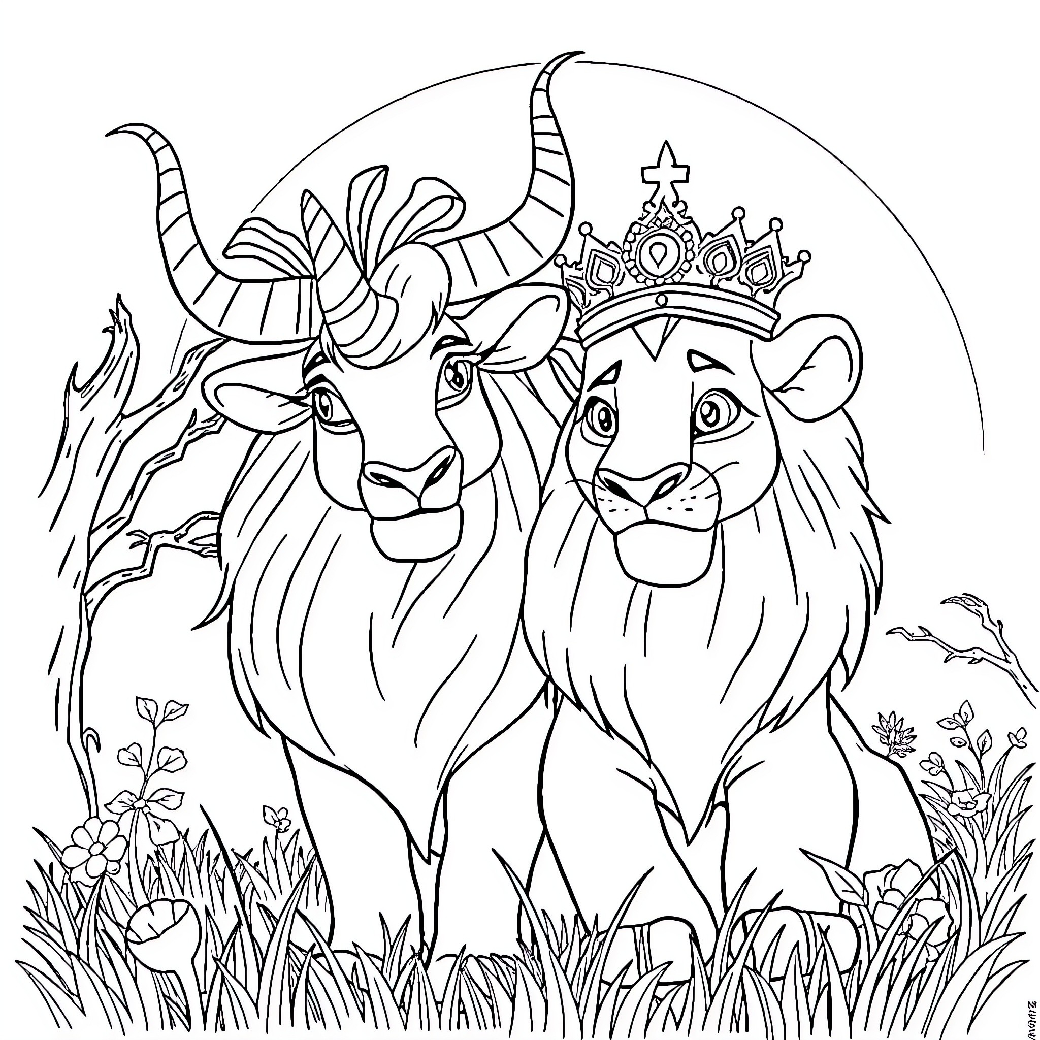 Unicorn-horned Lion Wearing a Crown in a Grassy Scene Coloring Page (free black-and-white line drawing printable PDF for all, from beginners to advanced learners, including children, teens, adults, and seniors)