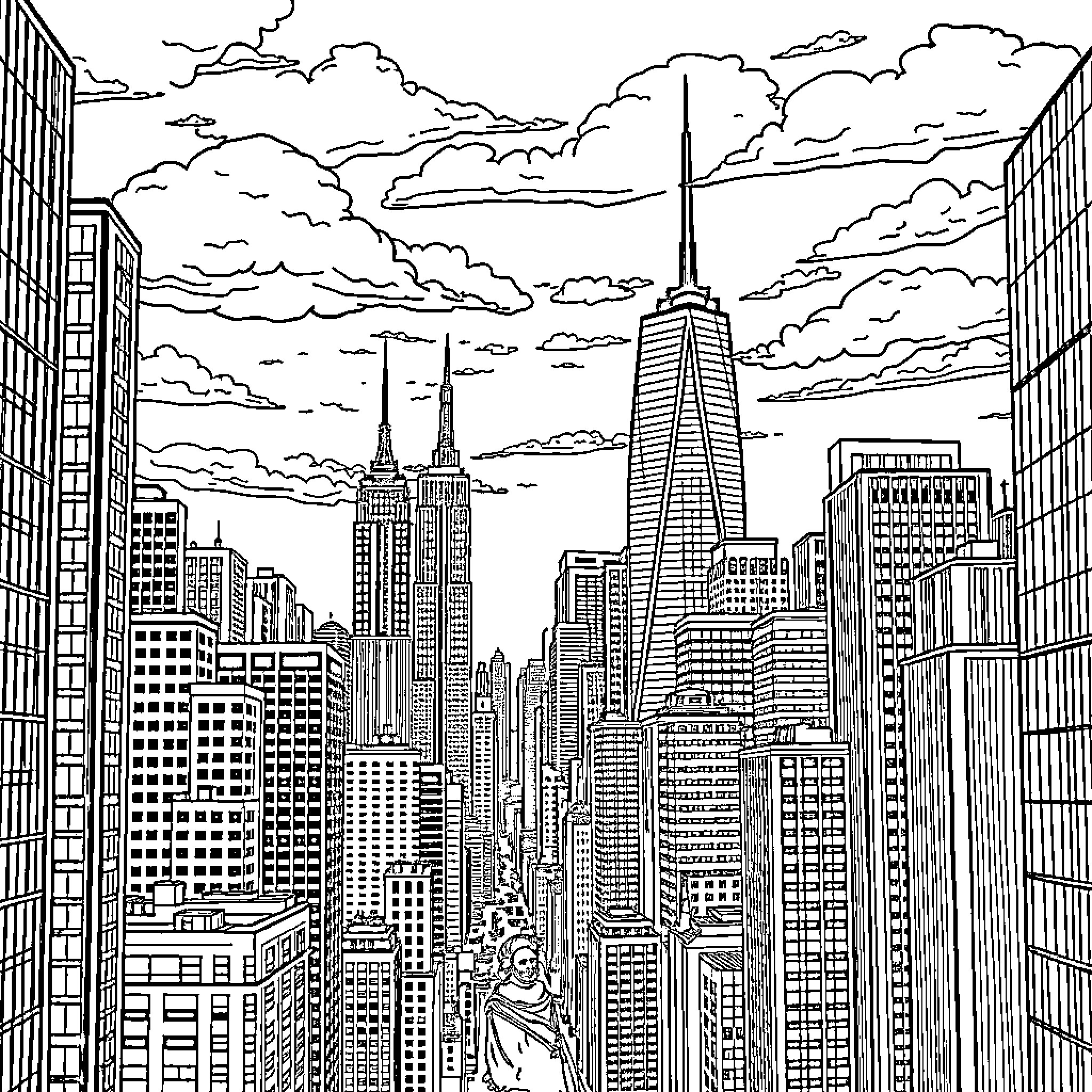 City Skyline with Iconic Skyscrapers and Cloudy Sky Coloring Page (free black-and-white line drawing printable PDF for all, from beginners to advanced learners, including children, teens, adults, and seniors)