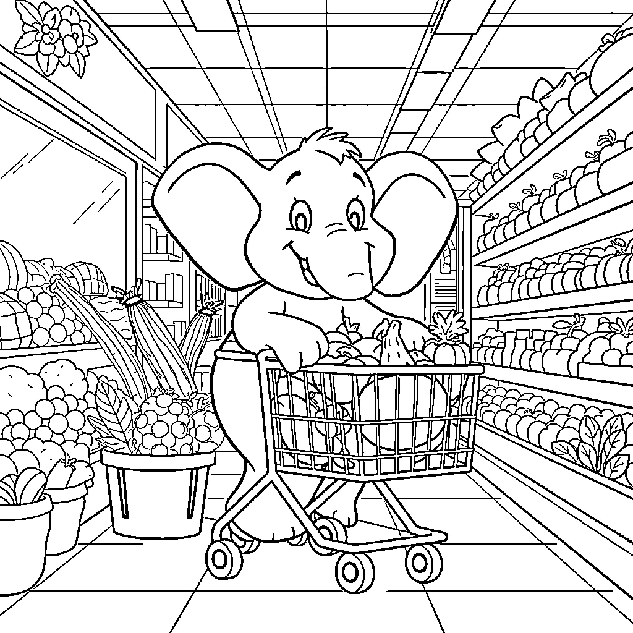 Elephant Shopping in the Grocery Store Coloring Page (free black-and-white line drawing printable PDF for all, from beginners to advanced learners, including children, teens, adults, and seniors)
