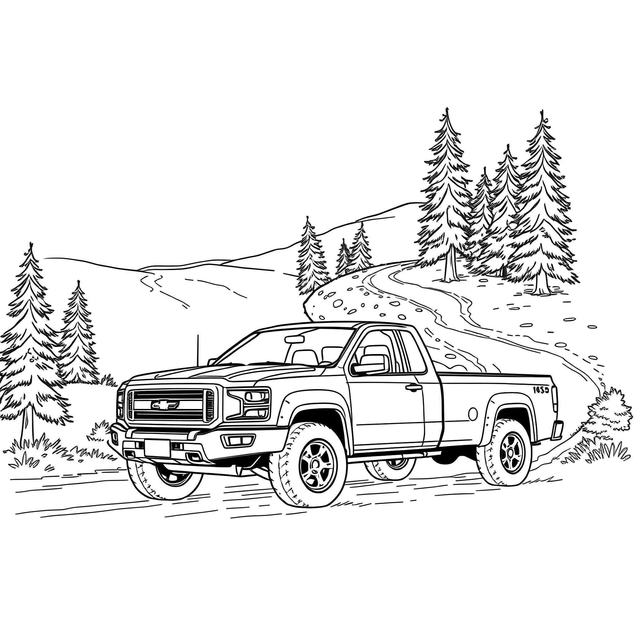 Pick Up Truck Traversing Snowy Mountain Trail Coloring Page (free black-and-white line drawing printable PDF for all, from beginners to advanced learners, including children, teens, adults, and seniors)