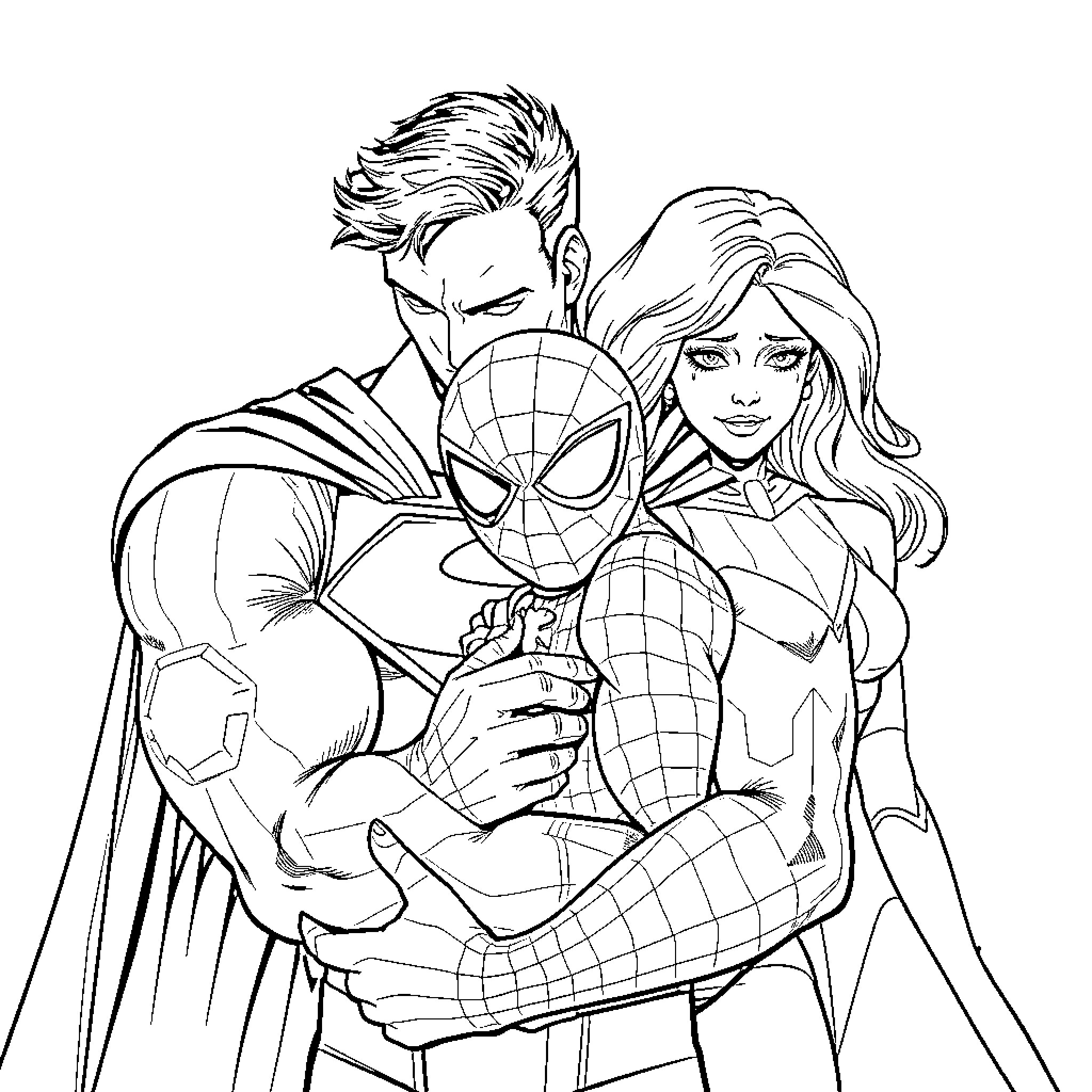 Superman and Spider-Man team up with female hero Coloring Page (free black-and-white line drawing printable PDF for all, from beginners to advanced learners, including children, teens, adults, and seniors)