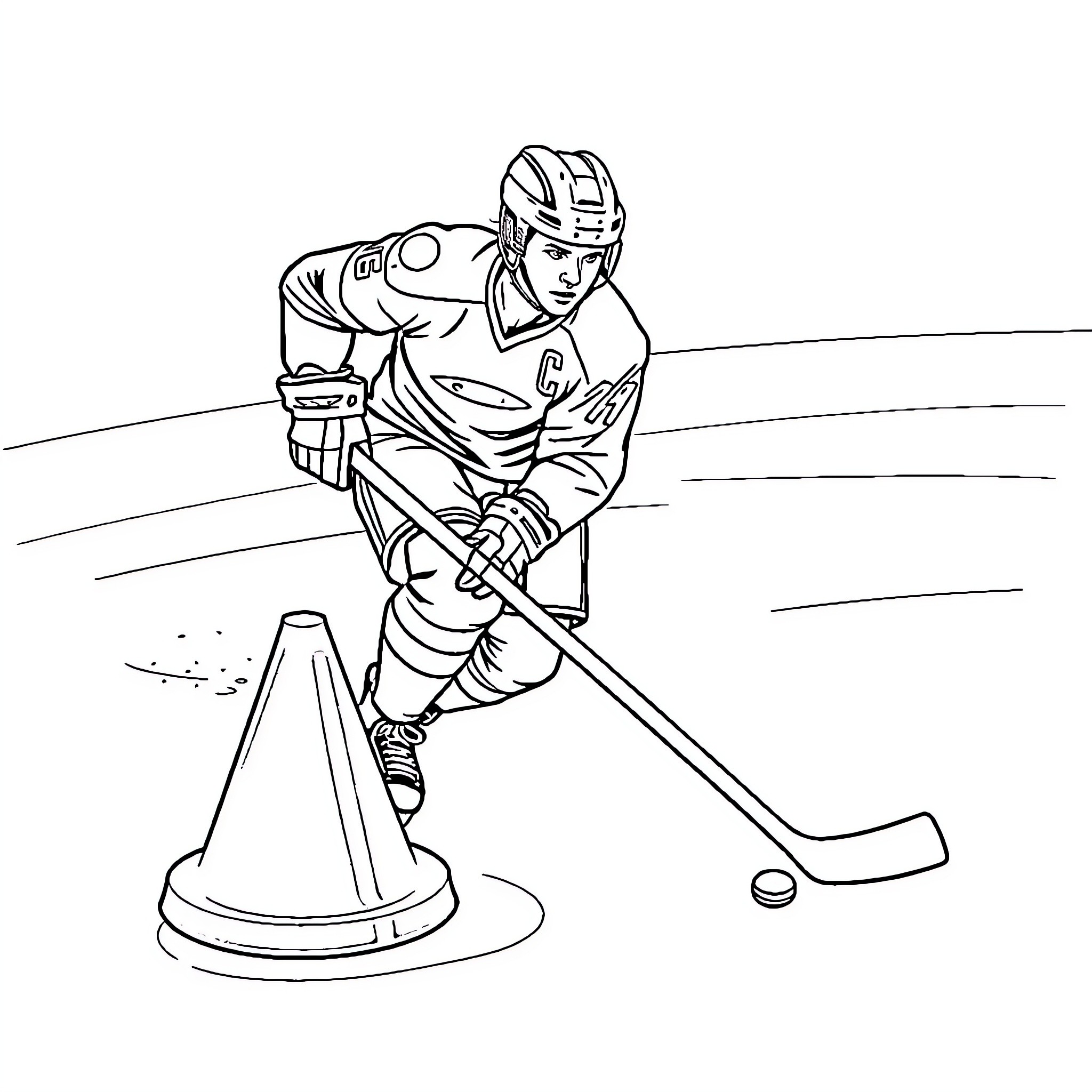 Hockey Player Skating with Puck and Cone Coloring Page (free black-and-white line drawing printable PDF for all, from beginners to advanced learners, including children, teens, adults, and seniors)