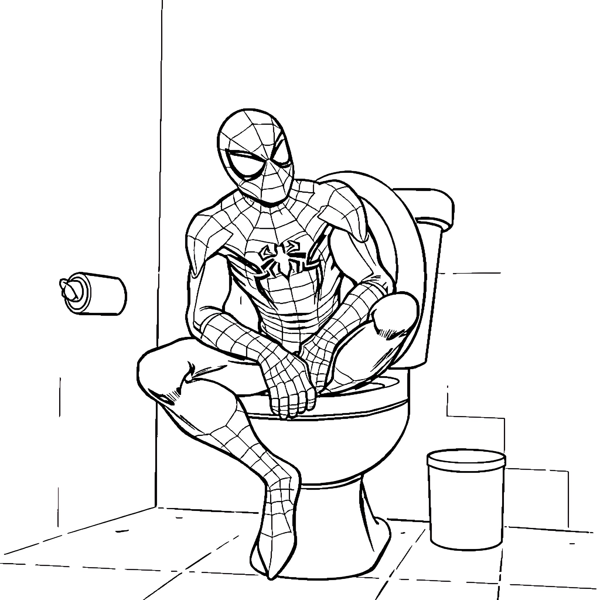 Spiderman sitting on toilet Coloring Page (free black-and-white line drawing printable PDF for all, from beginners to advanced learners, including children, teens, adults, and seniors)