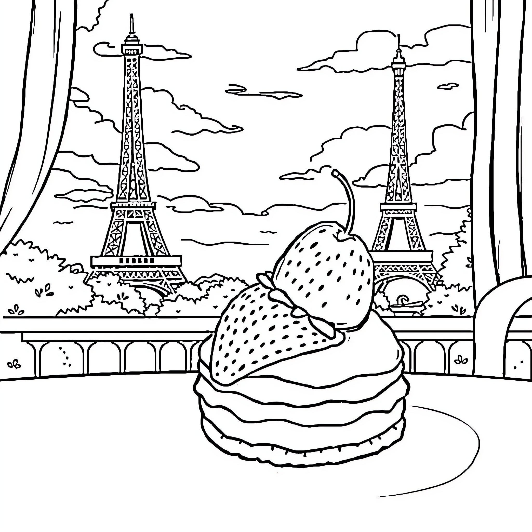 Strawberry Shortcake Enjoys Parisian Dessert with Eiffel Tower Coloring Page (free black-and-white line drawing printable PDF for all, from beginners to advanced learners, including children, teens, adults, and seniors)