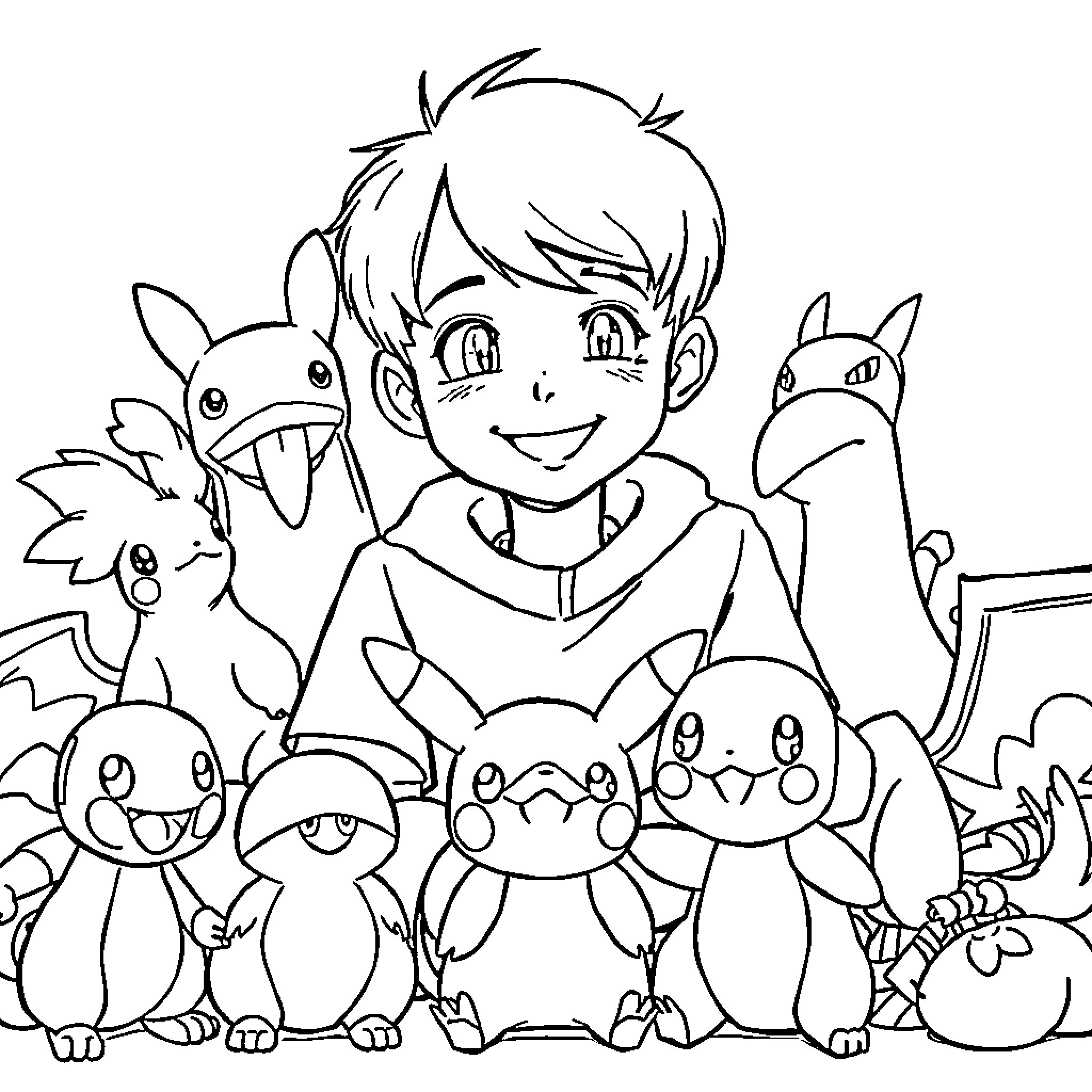 Pokémon characters in a joyful gathering Coloring Page (free black-and-white line drawing printable PDF for all, from beginners to advanced learners, including children, teens, adults, and seniors)