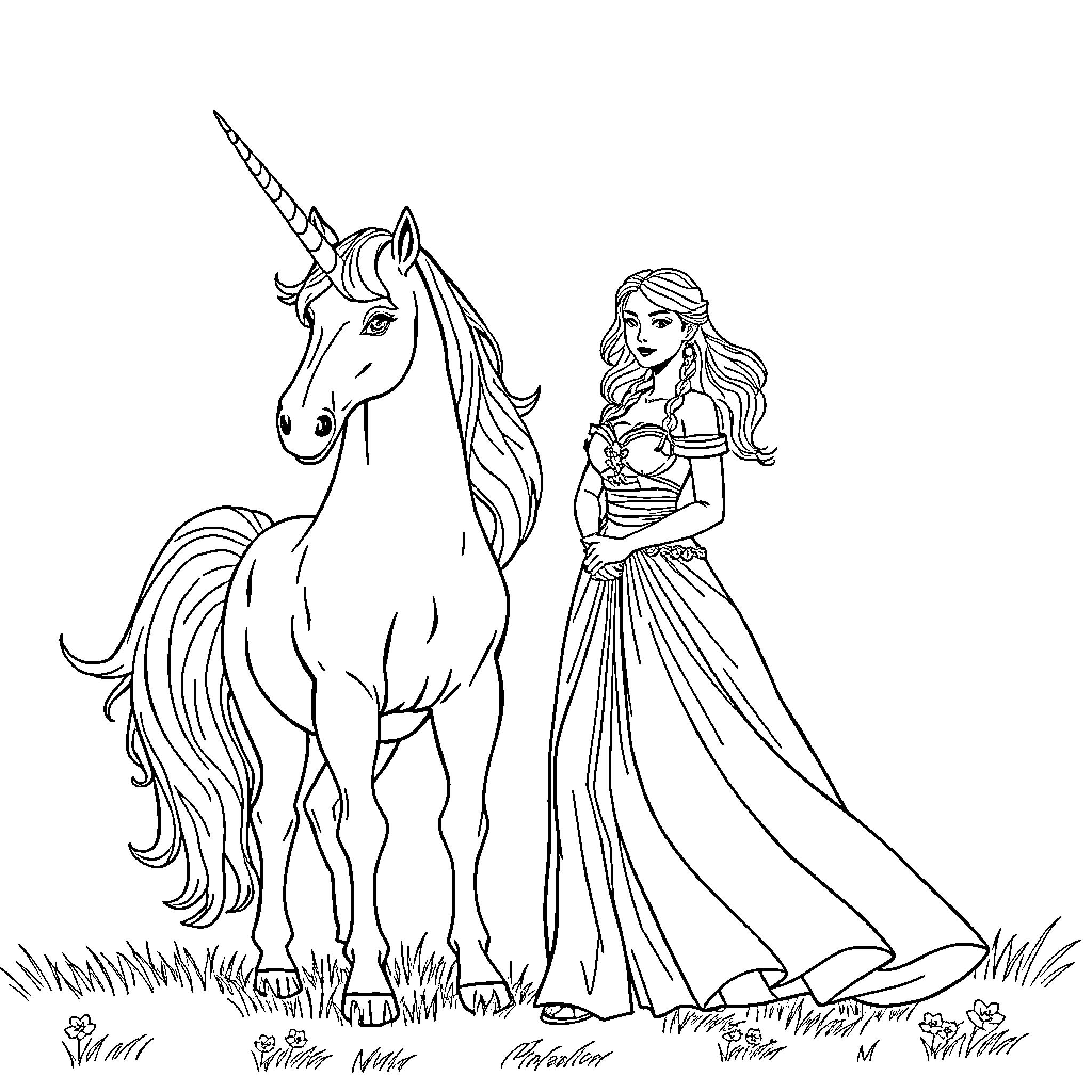 Unicorn and Princess in Enchanted Forest Coloring Page (free black-and-white line drawing printable PDF for all, from beginners to advanced learners, including children, teens, adults, and seniors)