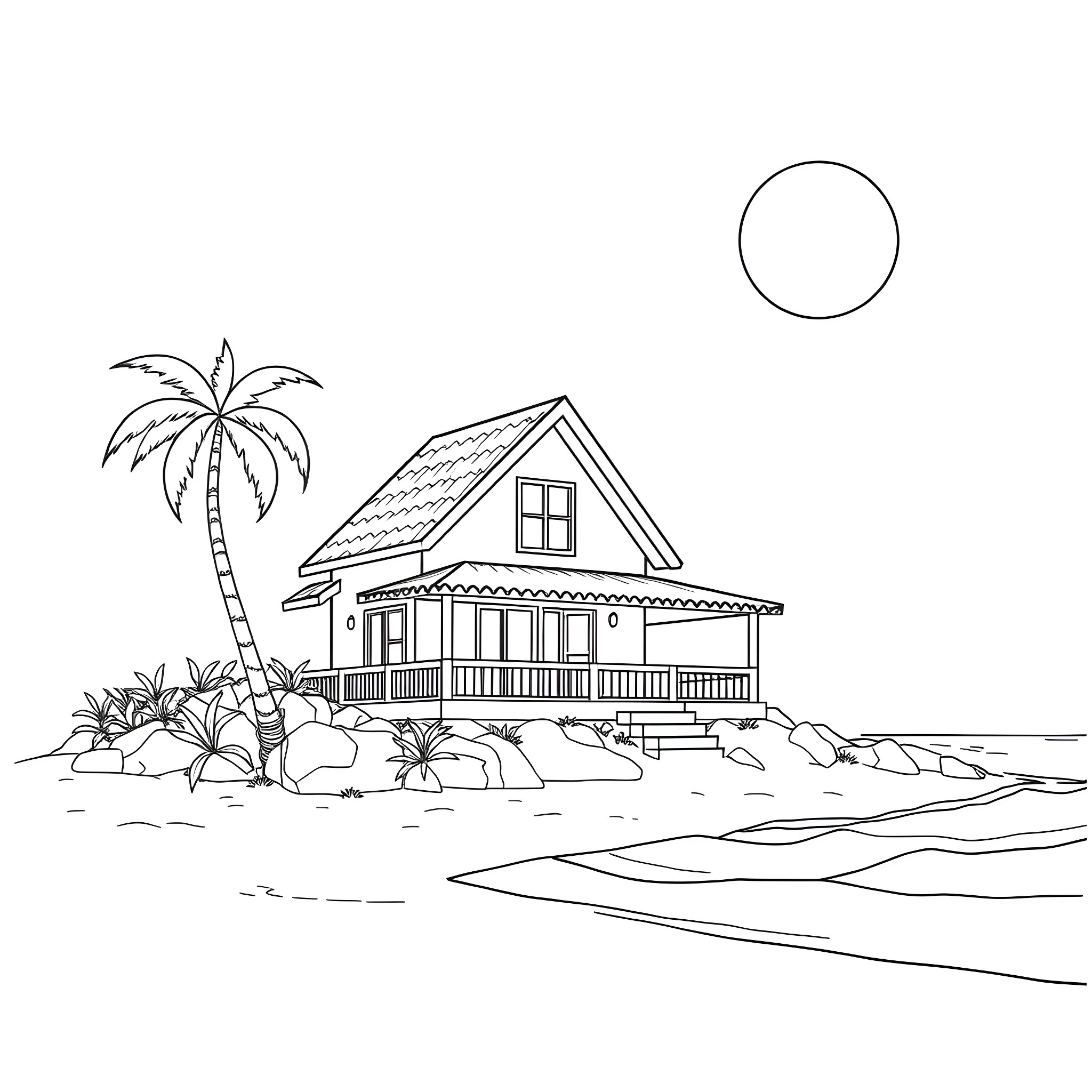 House by the beach with palm tree Coloring Page (free black-and-white line drawing printable PDF for all, from beginners to advanced learners, including children, teens, adults, and seniors)