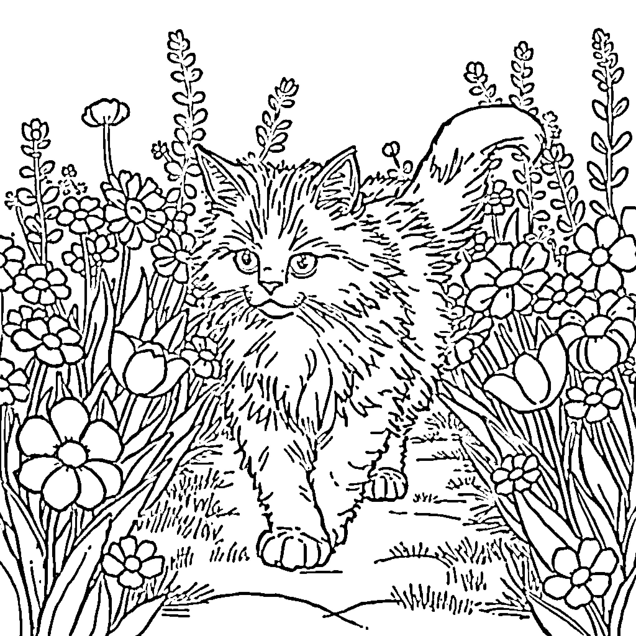 Cat among the flowers Coloring Page (free black-and-white line drawing printable PDF for all, from beginners to advanced learners, including children, teens, adults, and seniors)