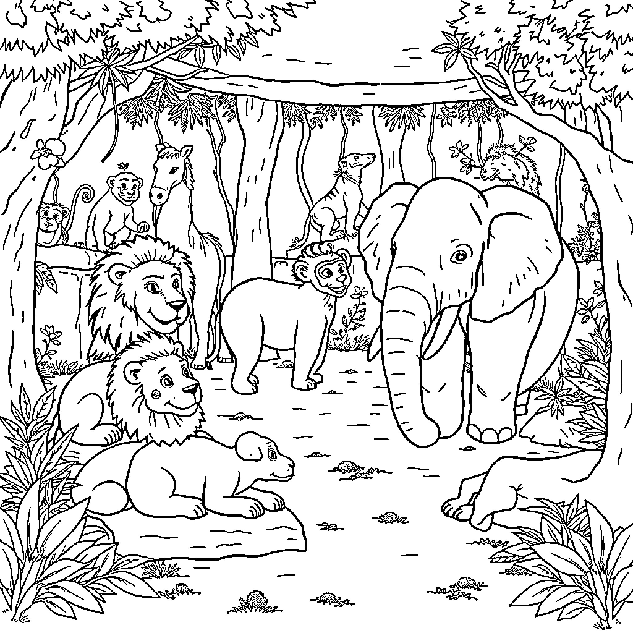 Animal life in the tropical jungle Coloring Page (free black-and-white line drawing printable PDF for all, from beginners to advanced learners, including children, teens, adults, and seniors)
