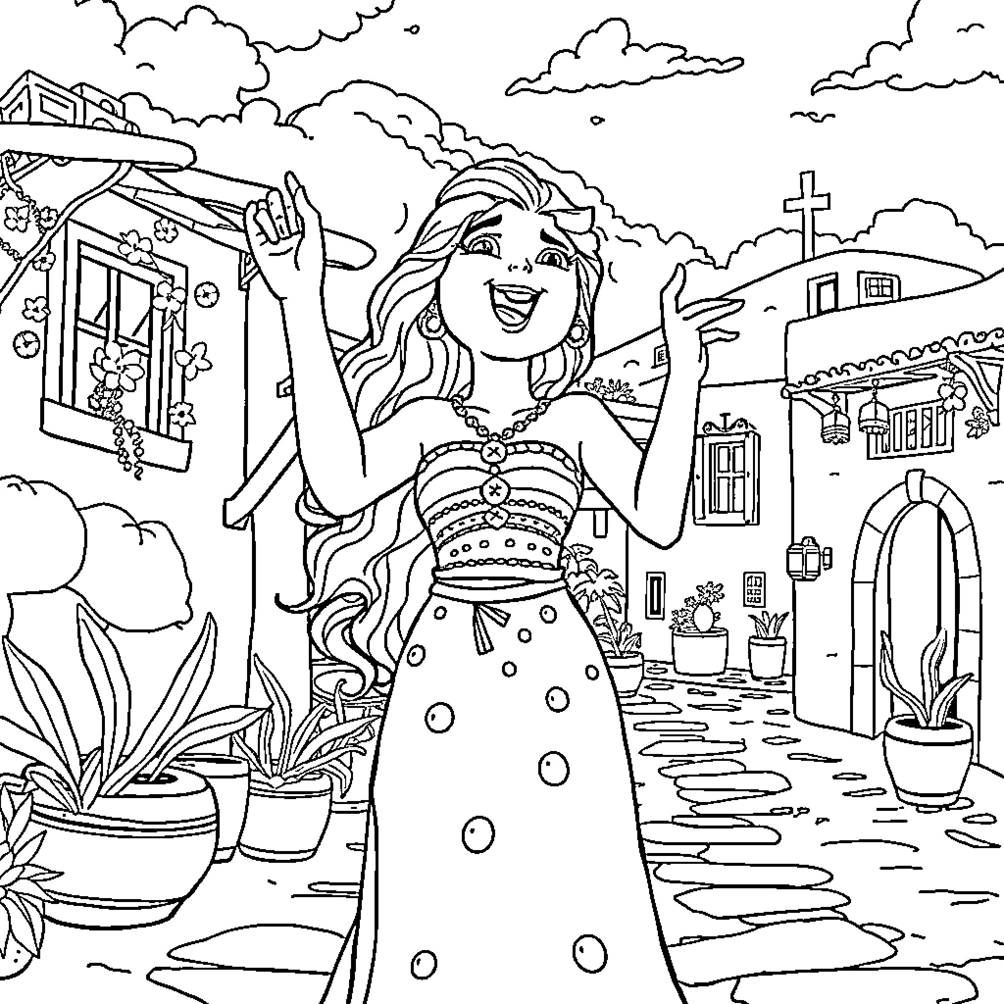 Moana exploring the vibrant village with joy Coloring Page (free black-and-white line drawing printable PDF for all, from beginners to advanced learners, including children, teens, adults, and seniors)