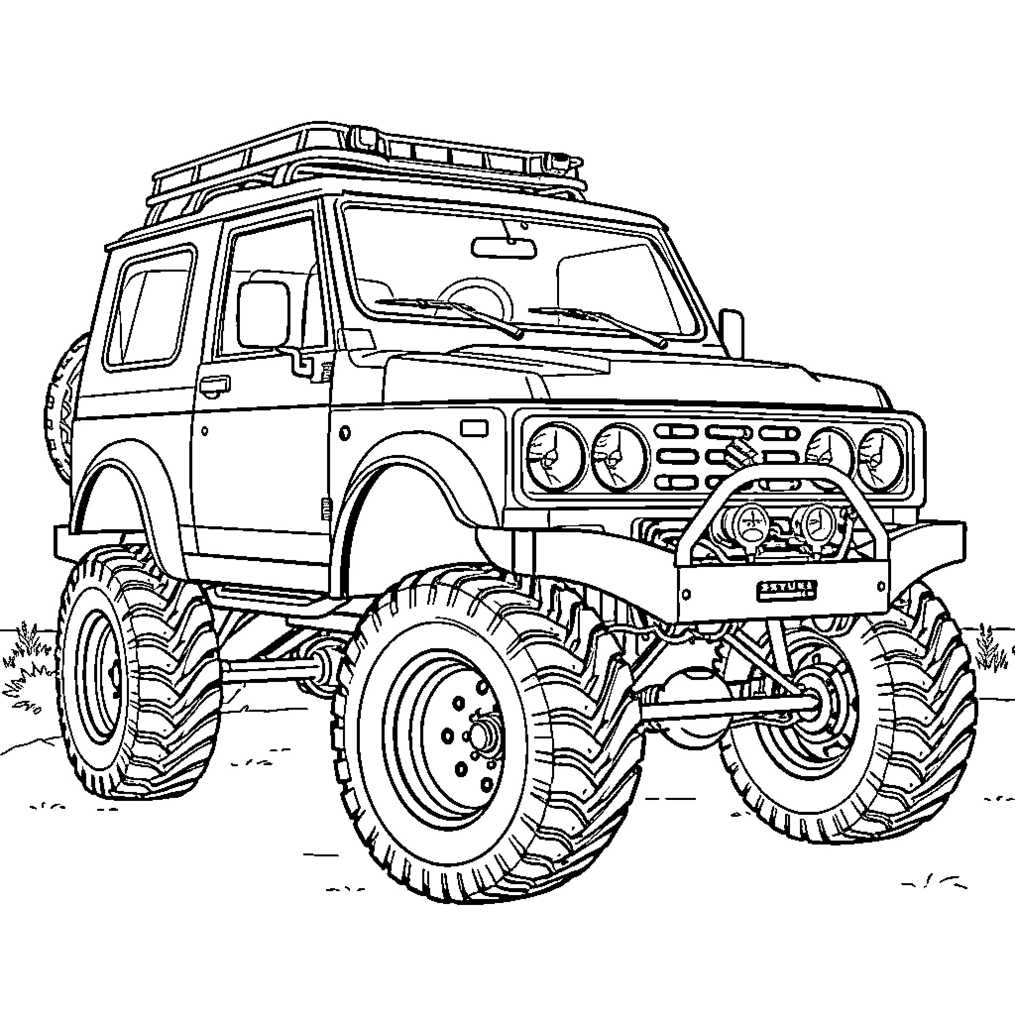 Suzuki Samurai Utility Vehicle on Rugged Terrain Coloring Page (free black-and-white line drawing printable PDF for all, from beginners to advanced learners, including children, teens, adults, and seniors)