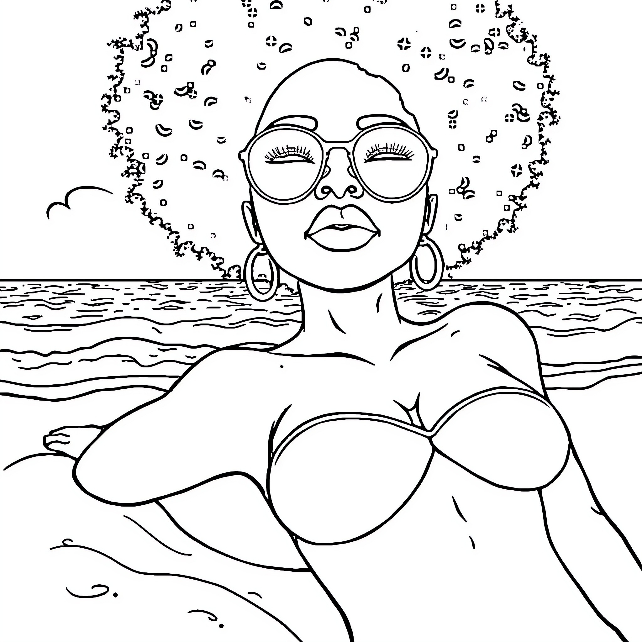 Woman relaxing at the beach with sunglasses Coloring Page (free black-and-white line drawing printable PDF for all, from beginners to advanced learners, including children, teens, adults, and seniors)