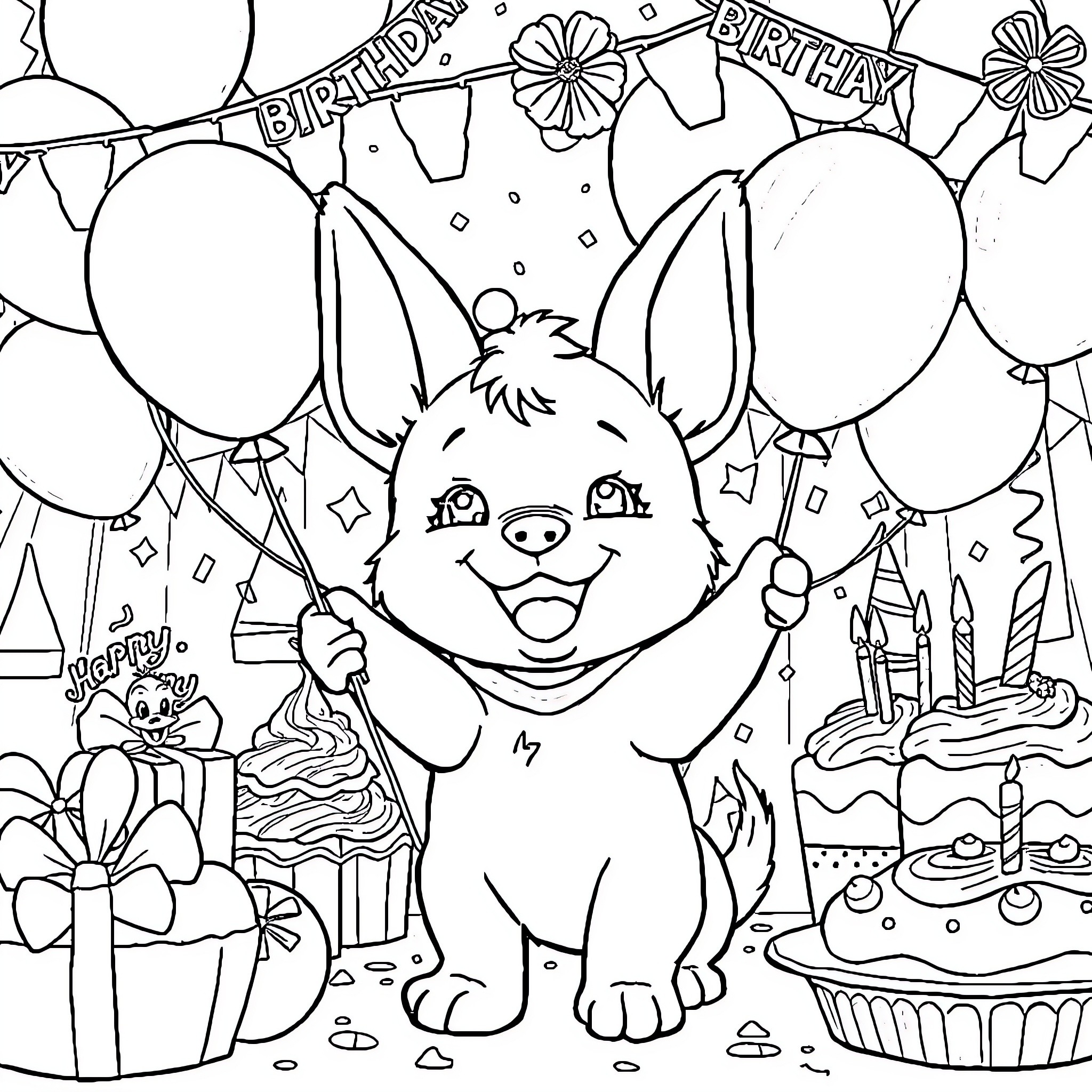 Cinnamoroll celebrating a birthday party Coloring Page (free black-and-white line drawing printable PDF for all, from beginners to advanced learners, including children, teens, adults, and seniors)