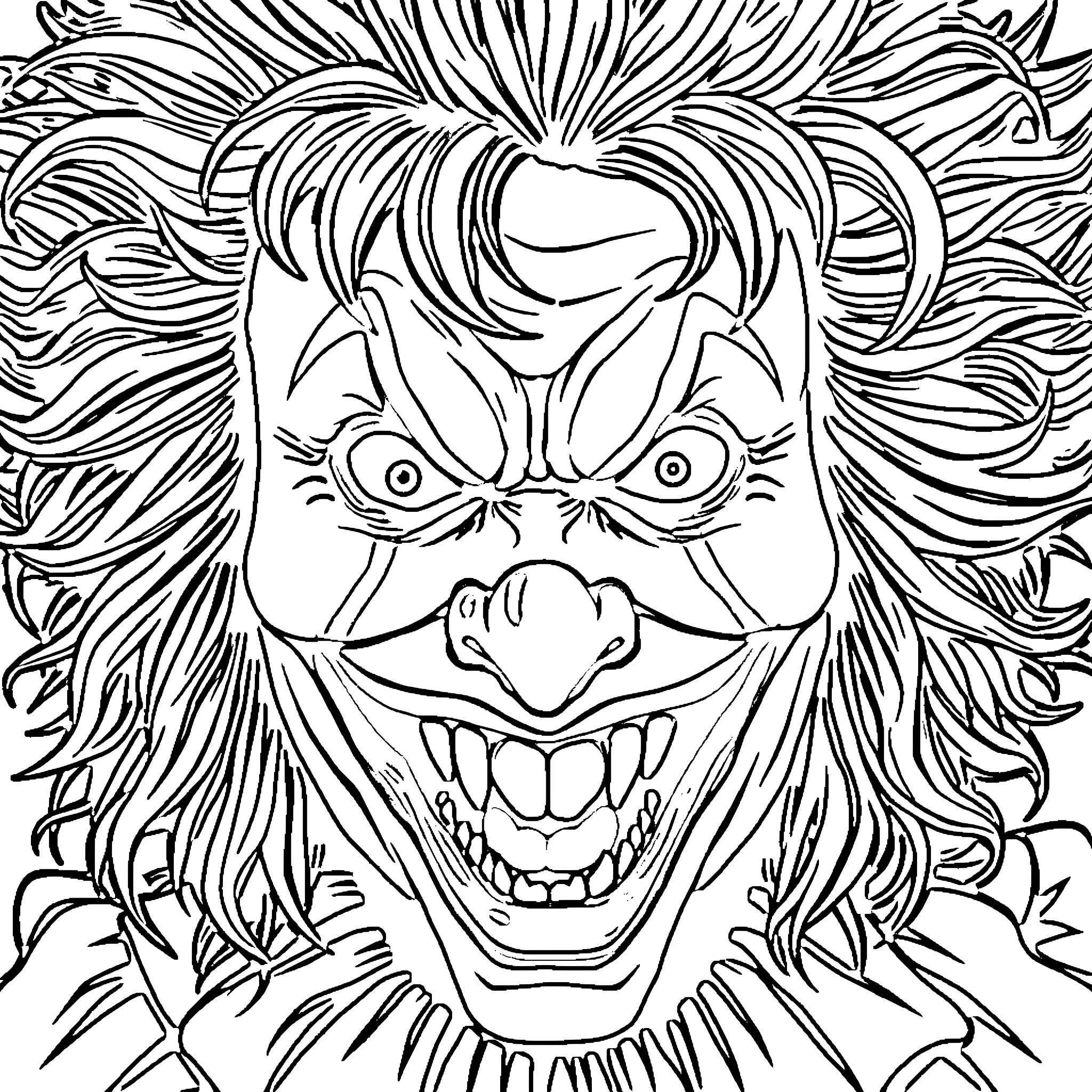 Clown with Sinister Expression and Crazy Hair Coloring Page (free black-and-white line drawing printable PDF for all, from beginners to advanced learners, including children, teens, adults, and seniors)