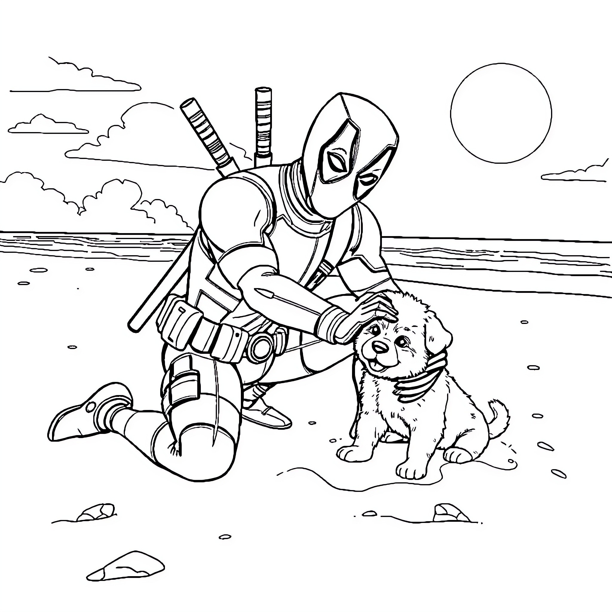 Deadpool's Playful Encounter with a Furry Friend Coloring Page (free black-and-white line drawing printable PDF for all, from beginners to advanced learners, including children, teens, adults, and seniors)